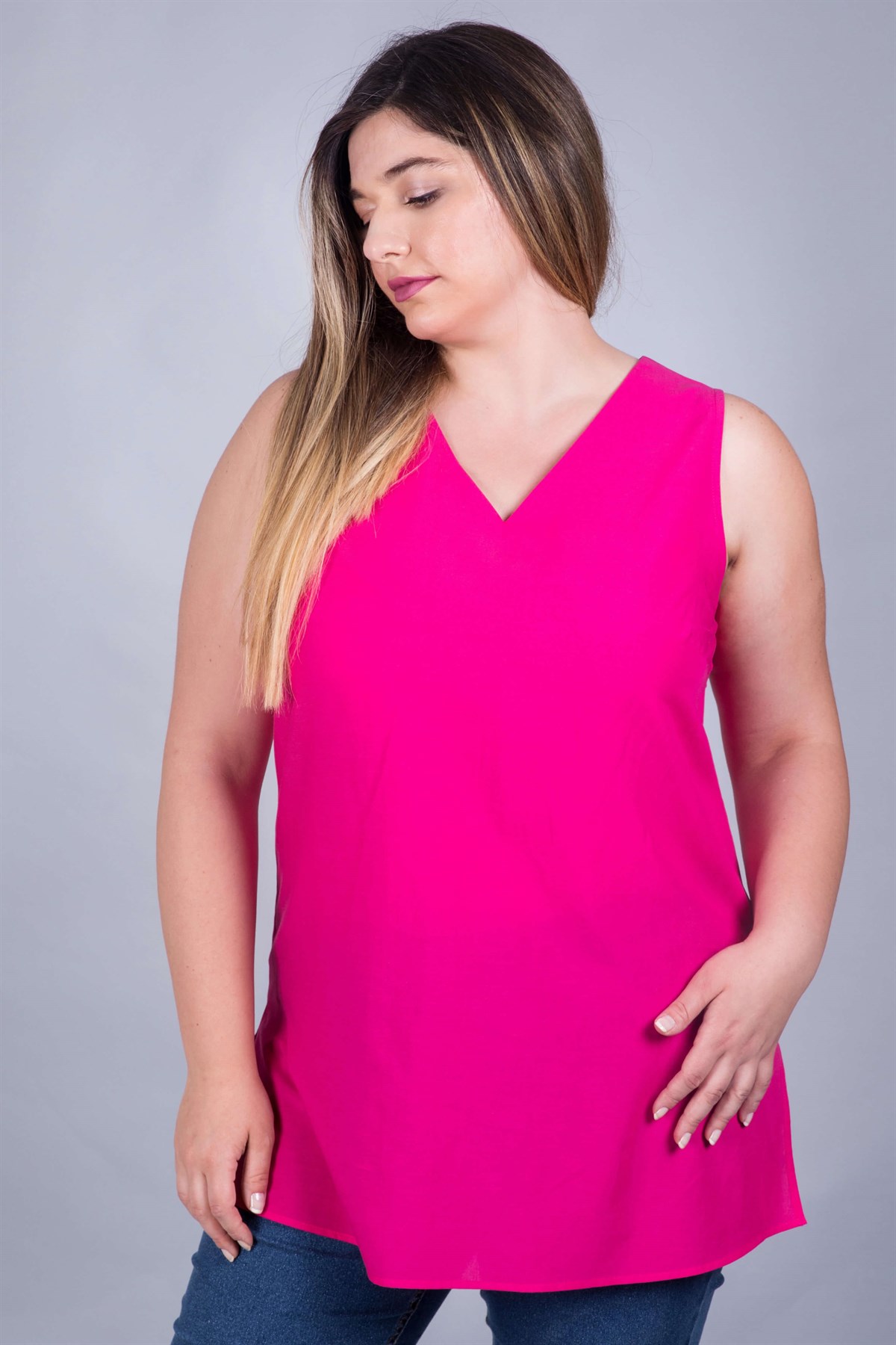 Myline-Kolsuz Yırtmaçlı V Yaka Bluz-Büyük Beden Bluz-23926