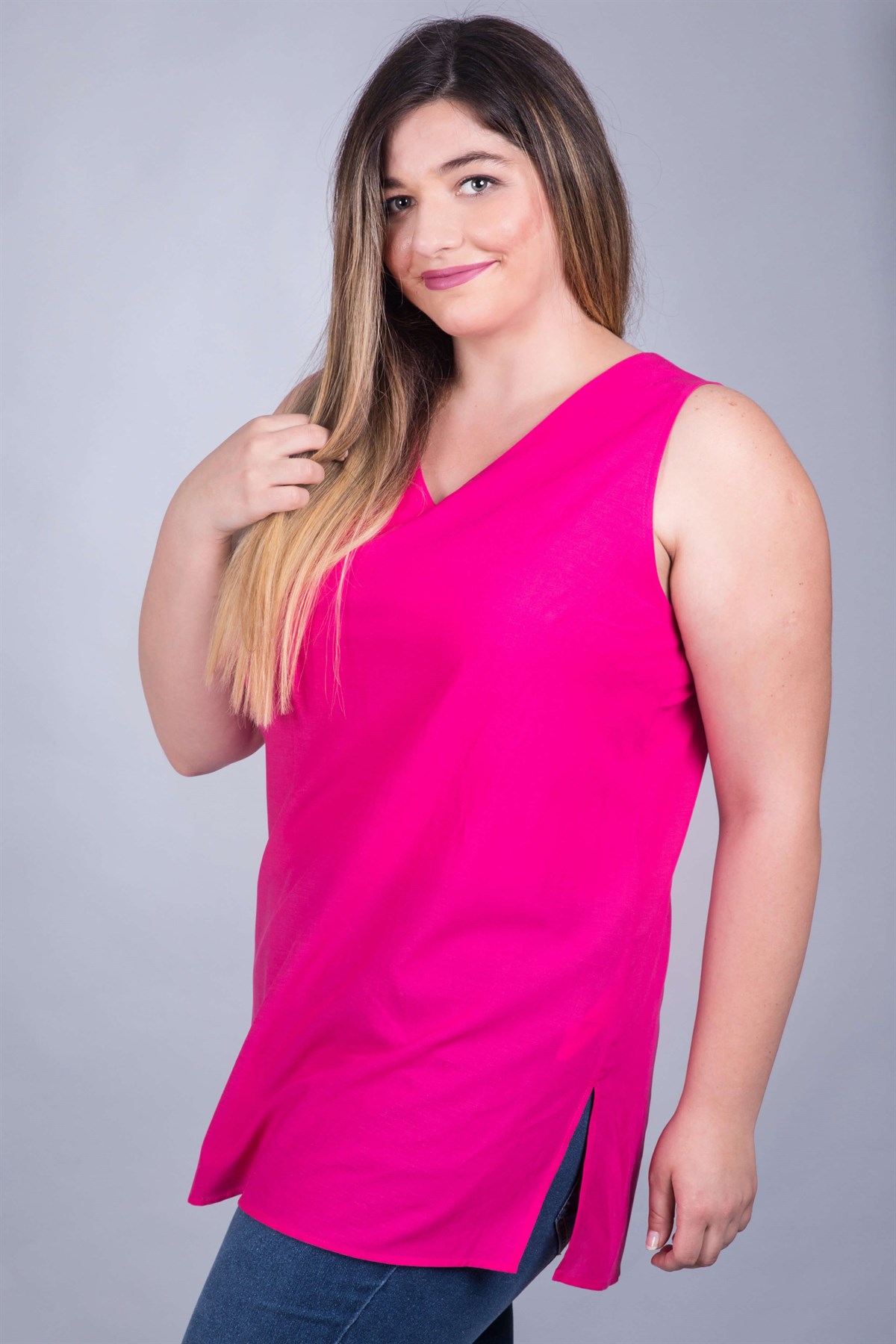 Myline-Kolsuz Yırtmaçlı V Yaka Bluz-Büyük Beden Bluz-23926