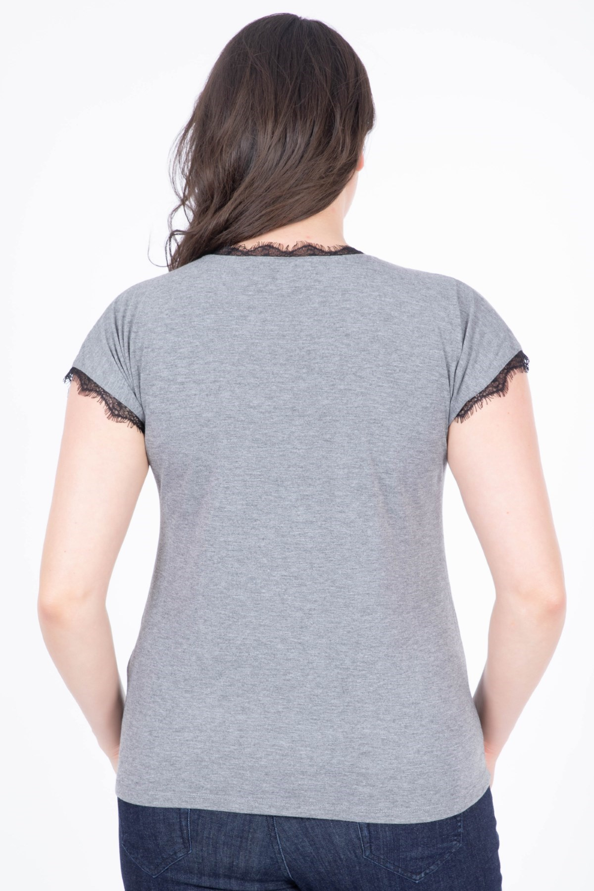 Myline-Kolu Ve Yakası Püsküllü Dantel T-Shirt-Büyük Beden Bluz-23692