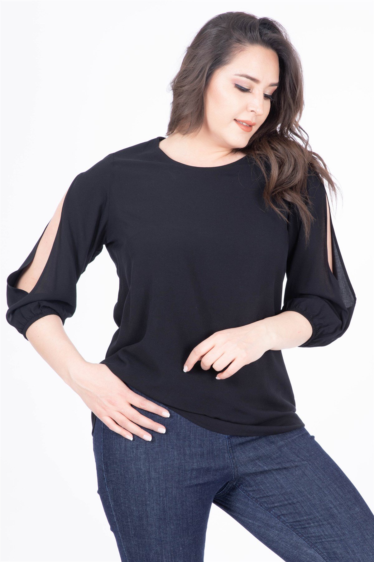 MYLINE-Kolu Yırtmaçlı Bluz-Bluz-34446