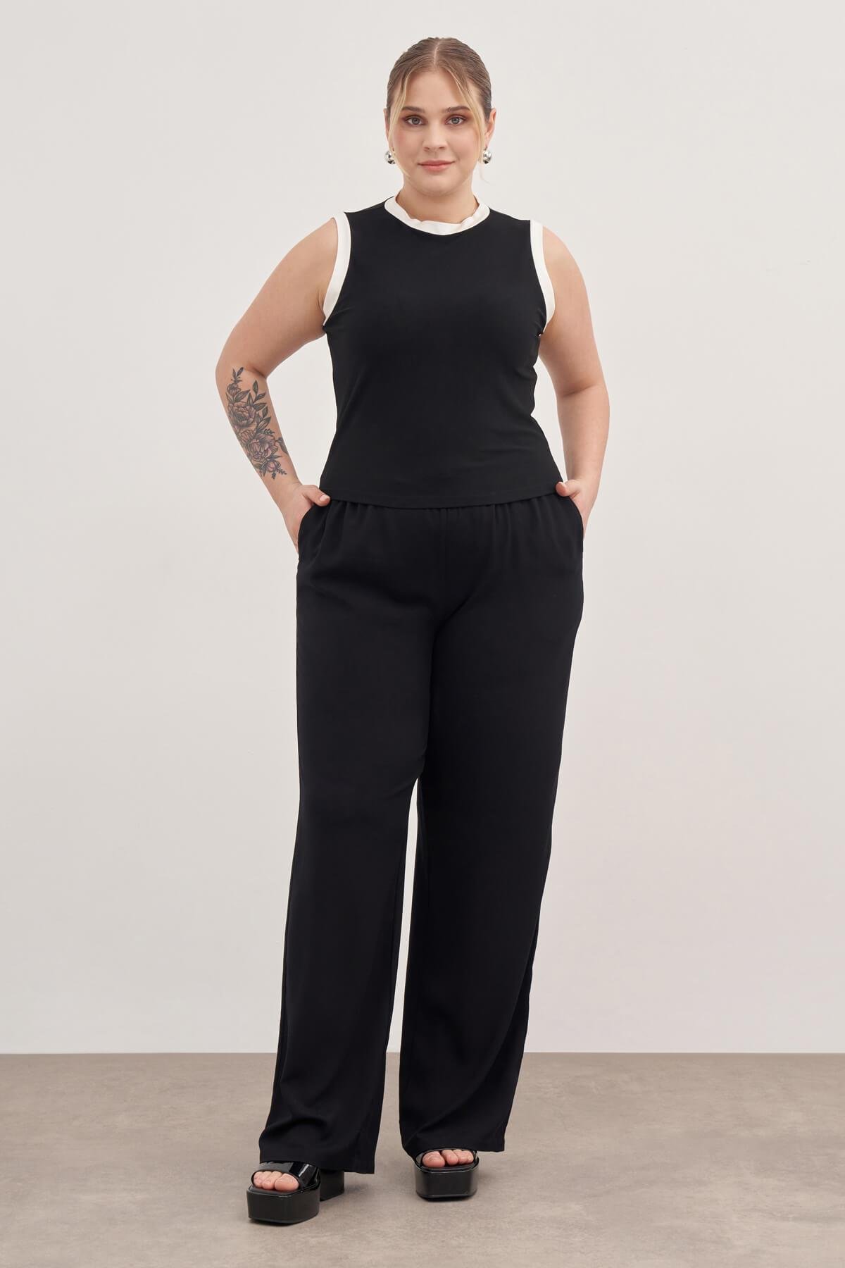 Myline-Kontrast Kolsuz Top-Büyük Beden Tişört-129006