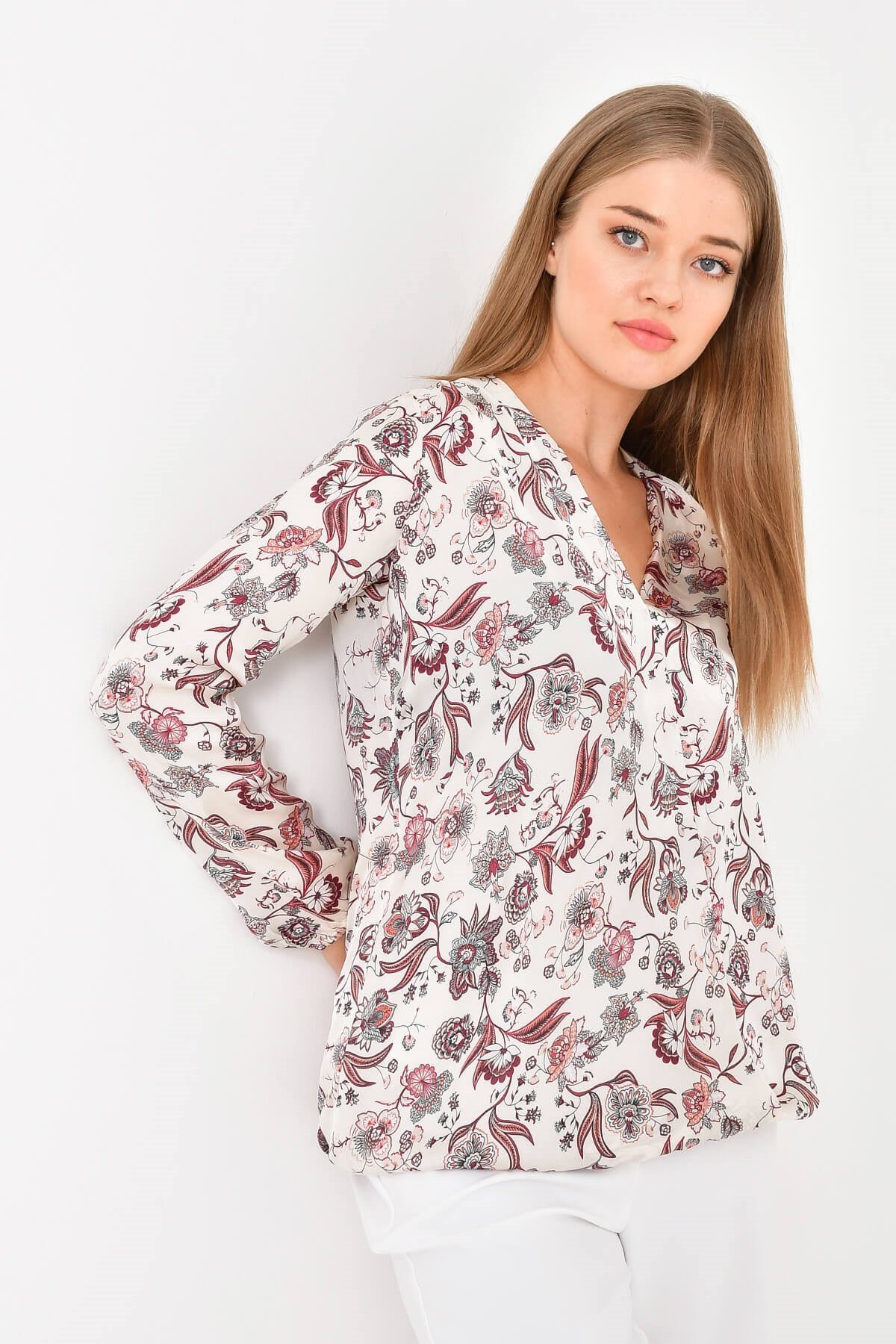 Myline-Kruvaze Saten Bluz-Büyük Beden Bluz-12401-m