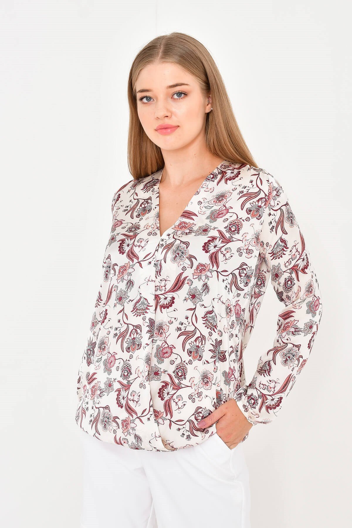 Myline-Kruvaze Saten Bluz-Büyük Beden Bluz-12401-m