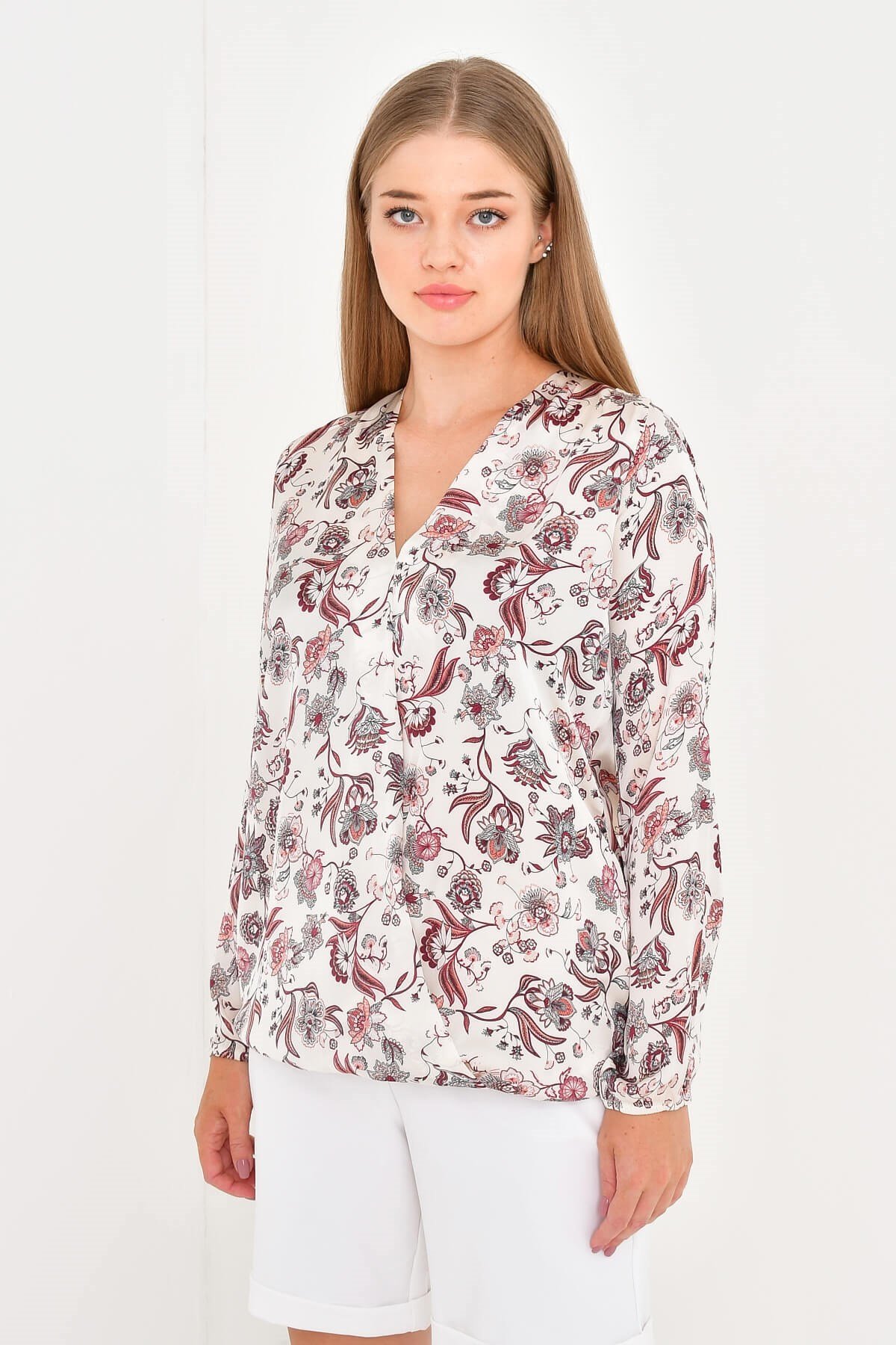 Myline-Kruvaze Saten Bluz-Büyük Beden Bluz-12401-m