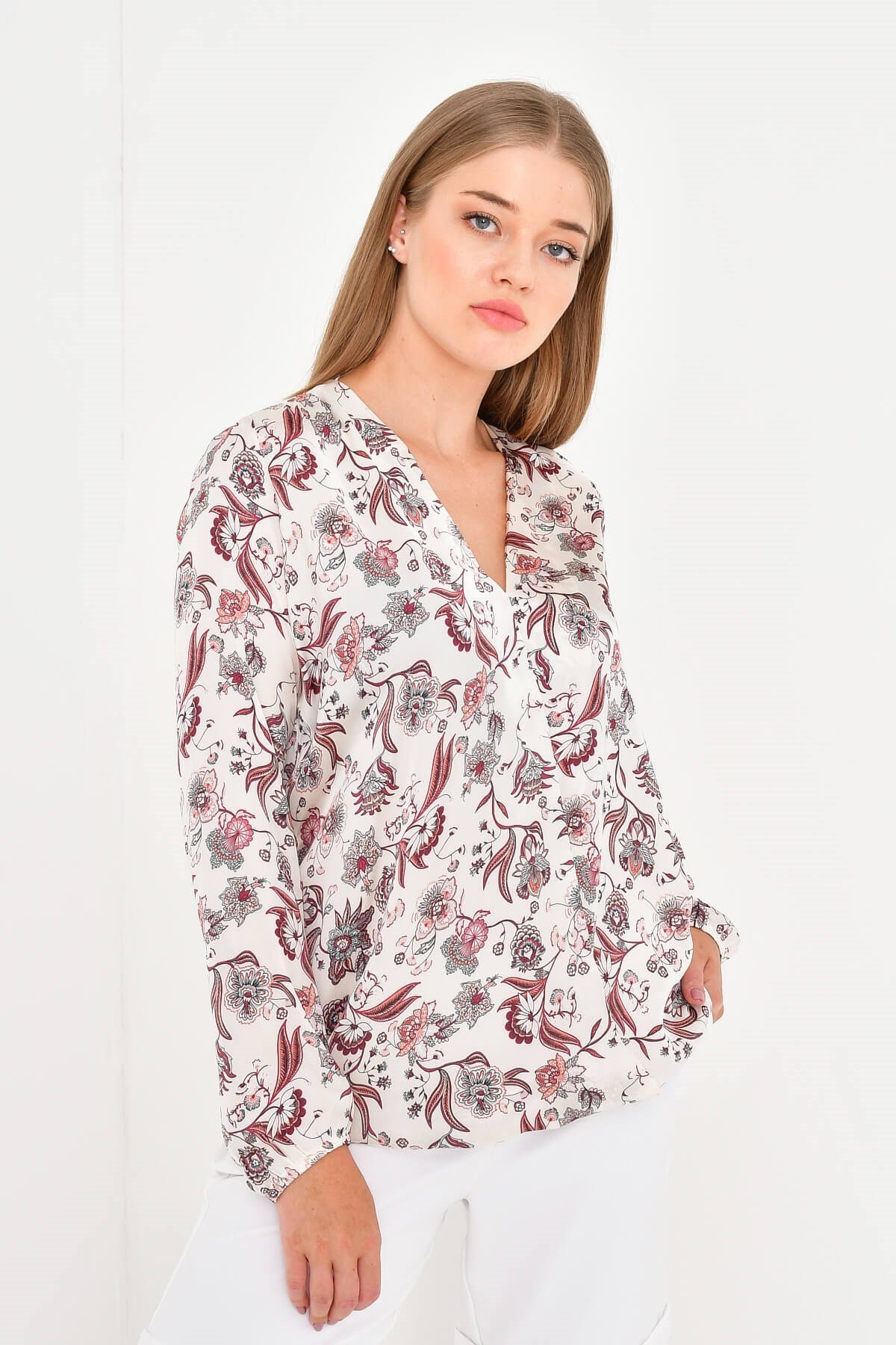 Myline-Kruvaze Saten Bluz-Büyük Beden Bluz-12401-m