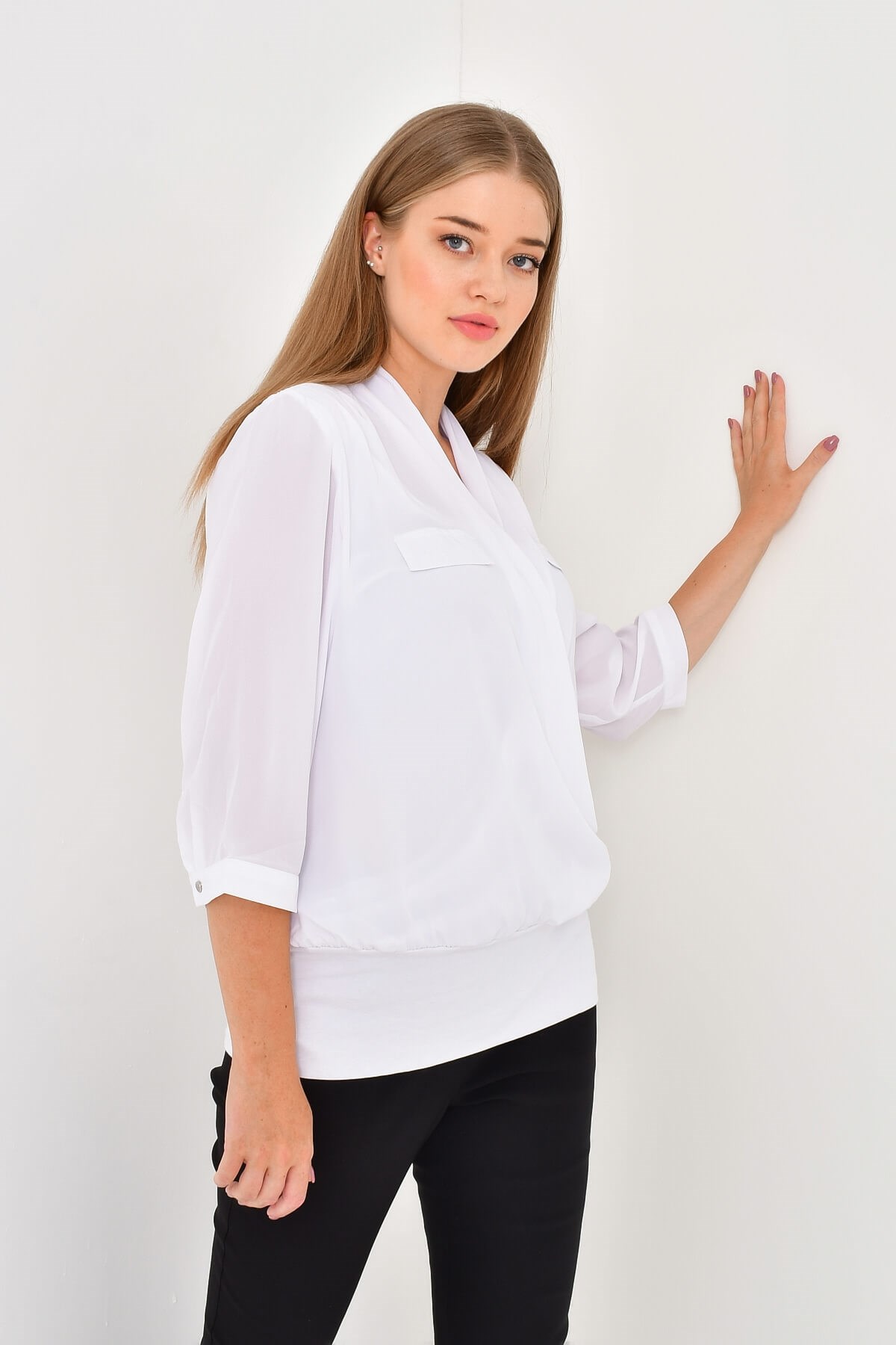 Myline-Kruvaze Şifon Bluz-Büyük Beden Bluz-12436-m