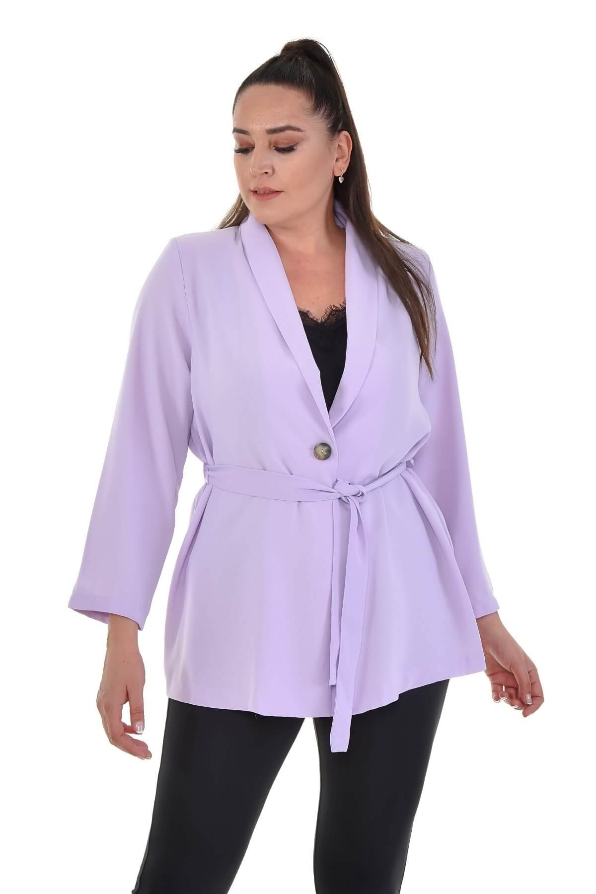 Myline-Kuşak Detaylı Salaş Ceket-Büyük Beden Ceket-66905