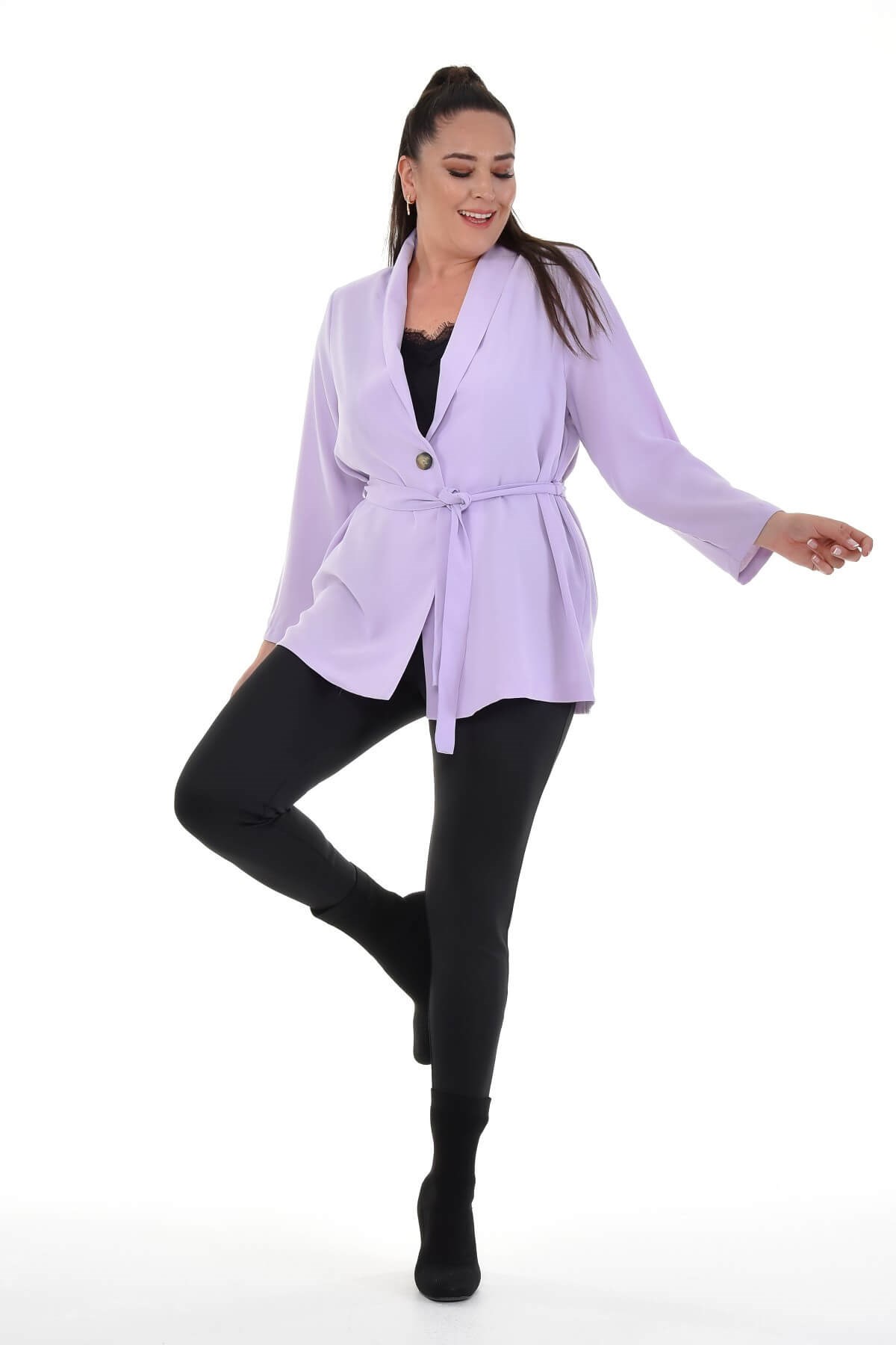 Myline-Kuşak Detaylı Salaş Ceket-Büyük Beden Ceket-66905