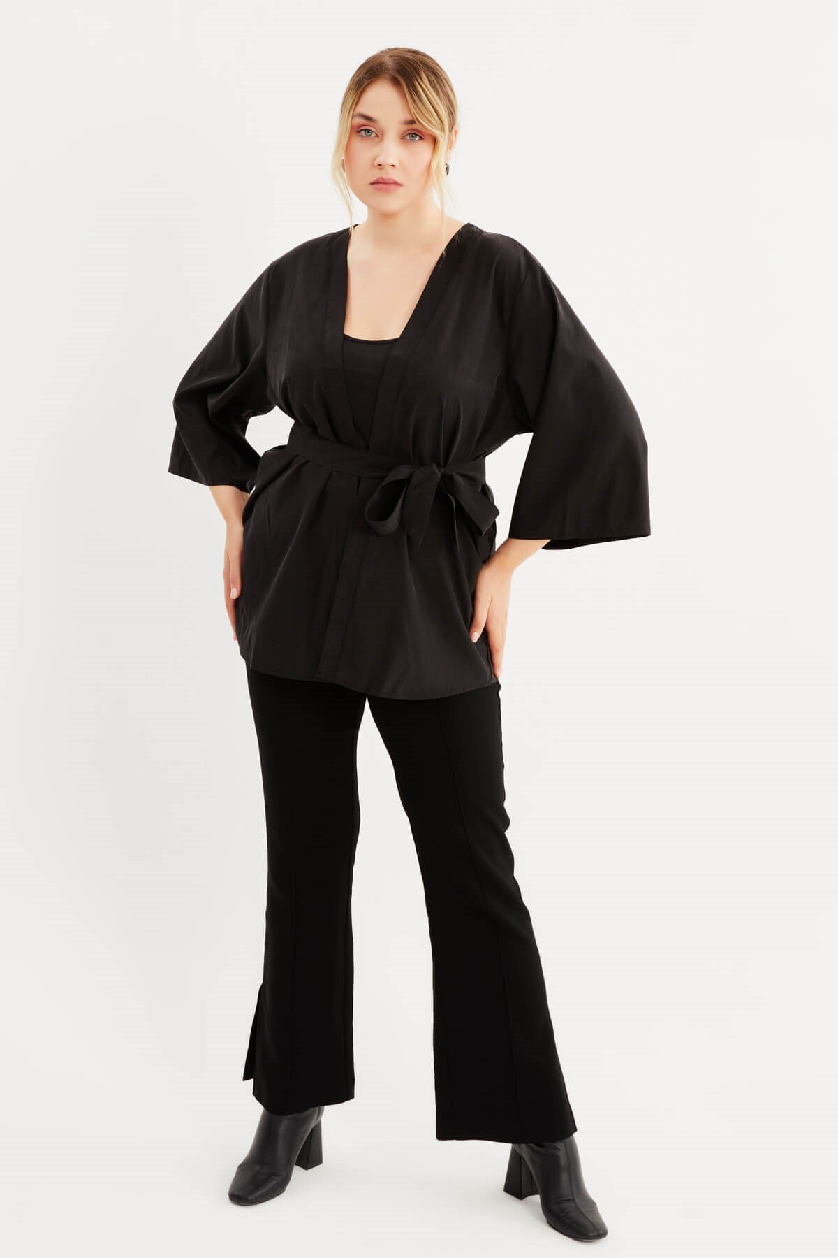 Myline-Kuşaklı Kimono-Büyük Beden Hırka-77633