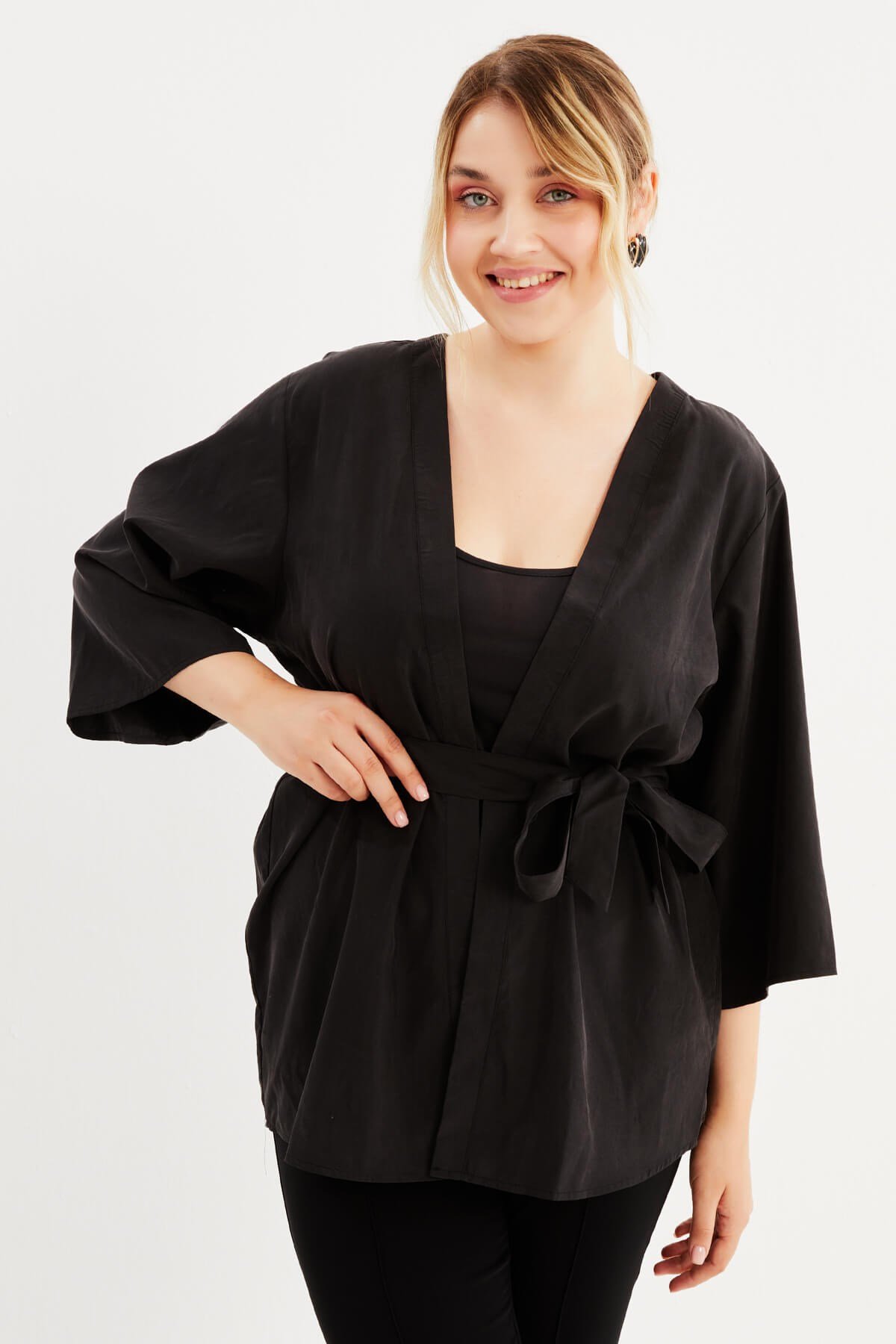 Myline-Kuşaklı Kimono-Büyük Beden Hırka-77633