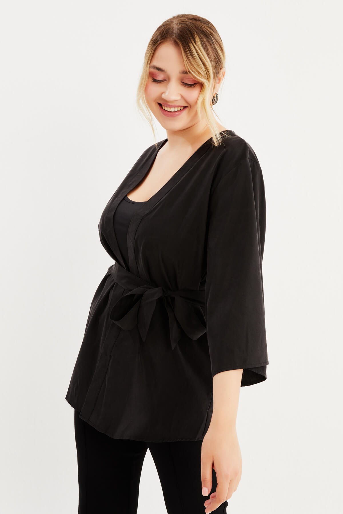 Myline-Kuşaklı Kimono-Büyük Beden Hırka-77633