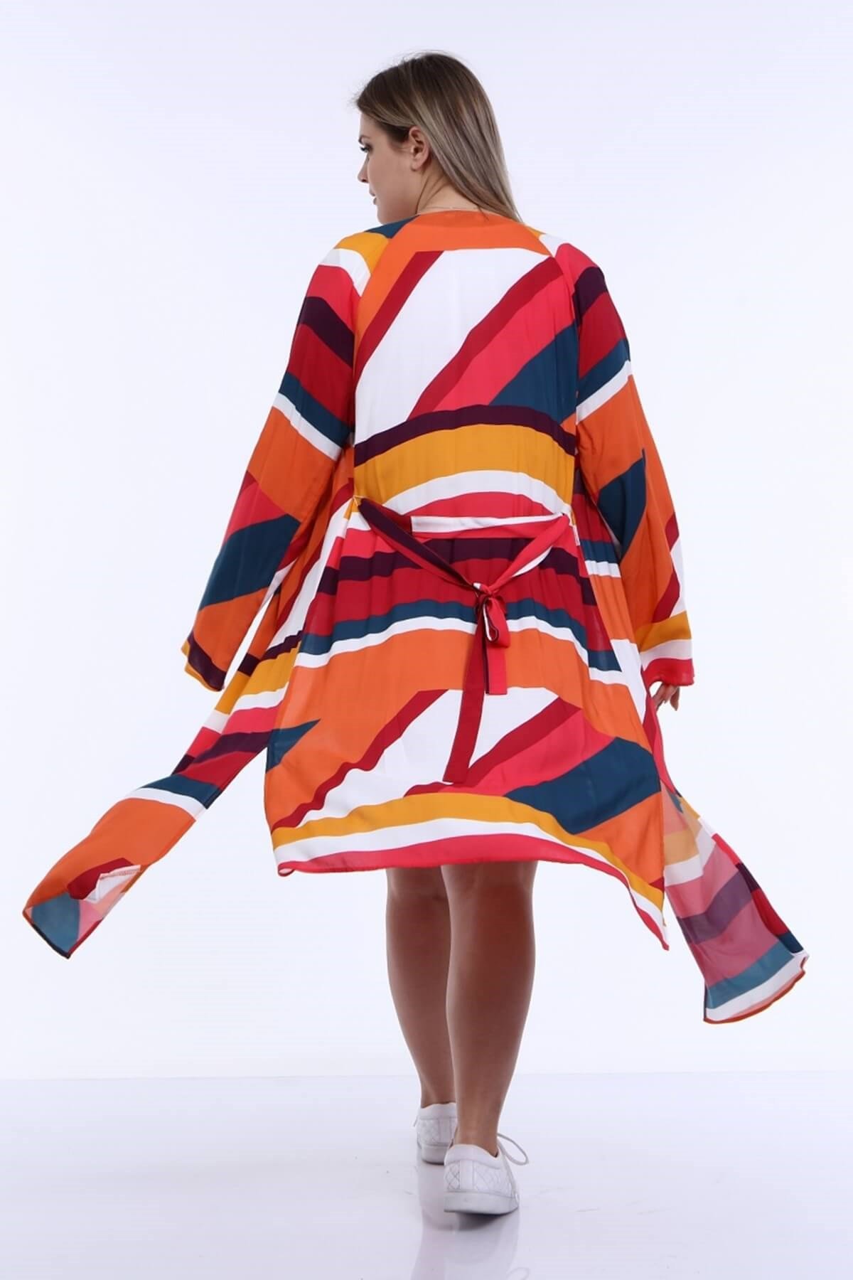 Myline-Kuşaklı Uzun Kimono-Büyük Beden Hırka-66700
