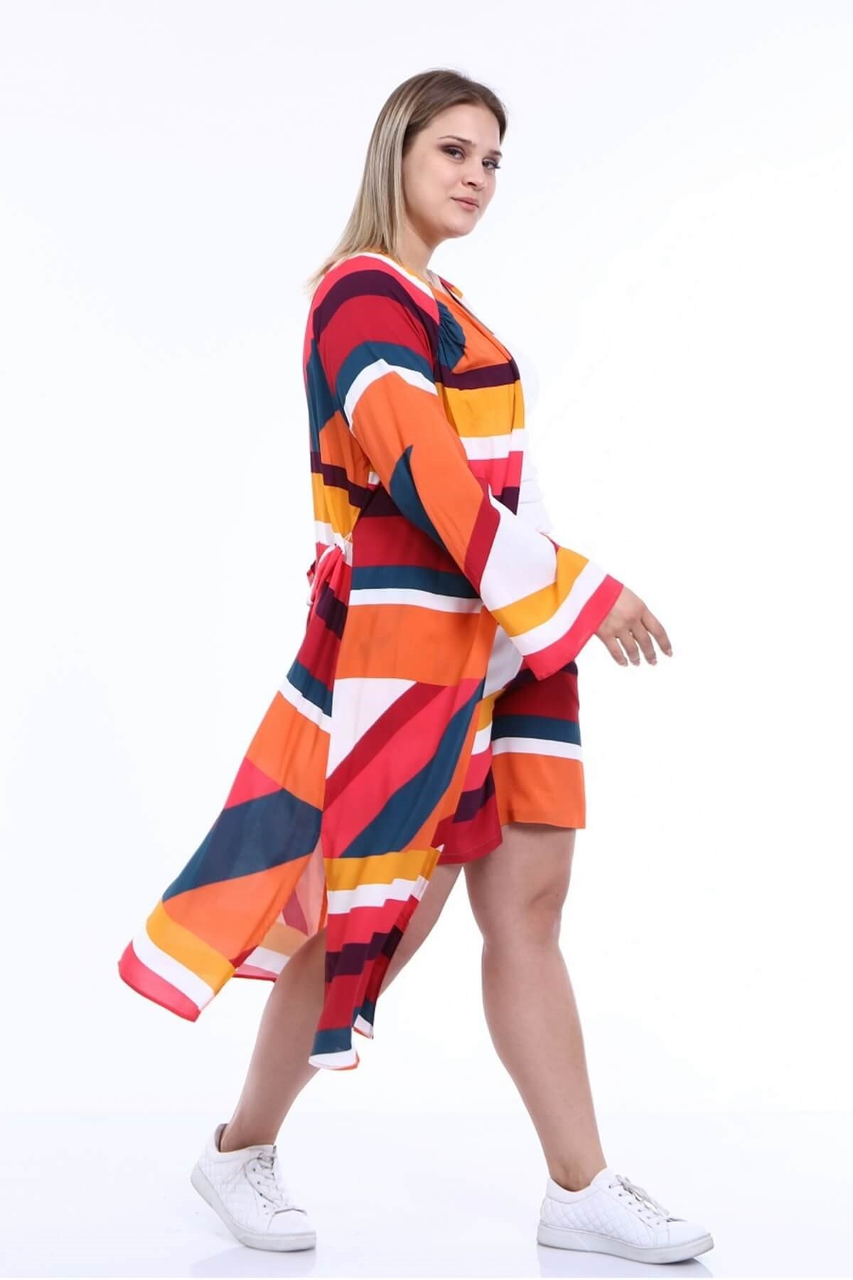 Myline-Kuşaklı Uzun Kimono-Büyük Beden Hırka-66700