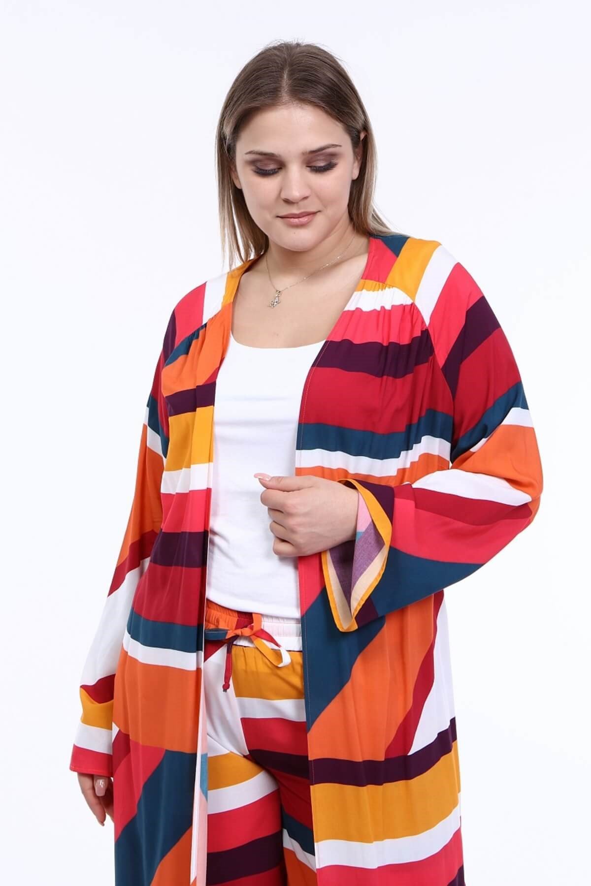 Myline-Kuşaklı Uzun Kimono-Büyük Beden Hırka-66700