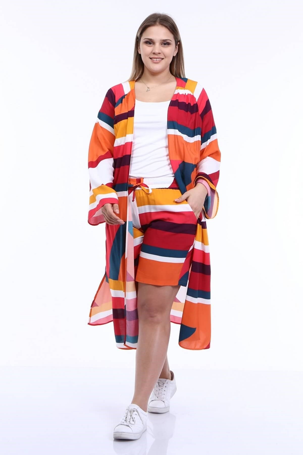Myline-Kuşaklı Uzun Kimono-Büyük Beden Hırka-66700