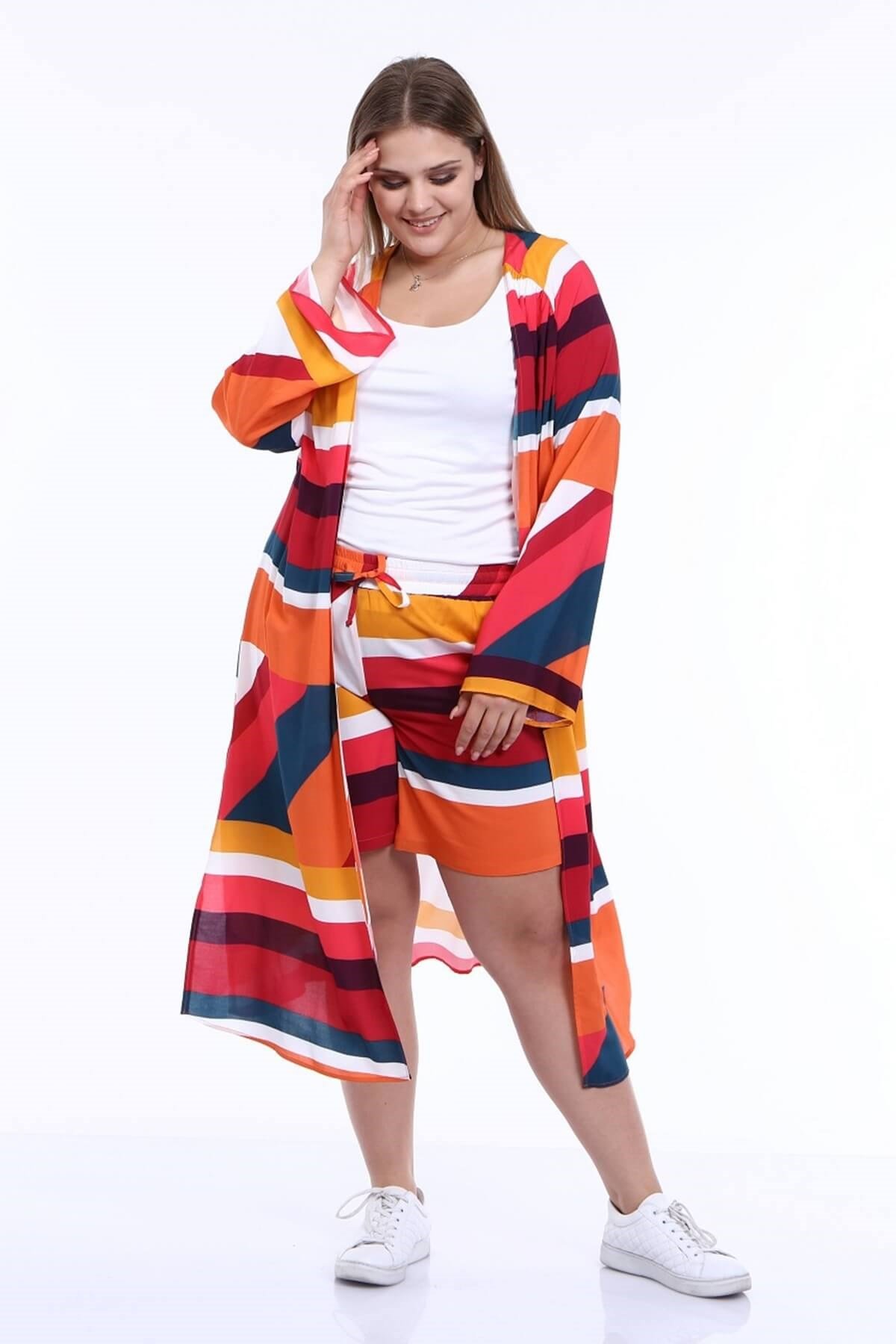 Myline-Kuşaklı Uzun Kimono-Büyük Beden Hırka-66700