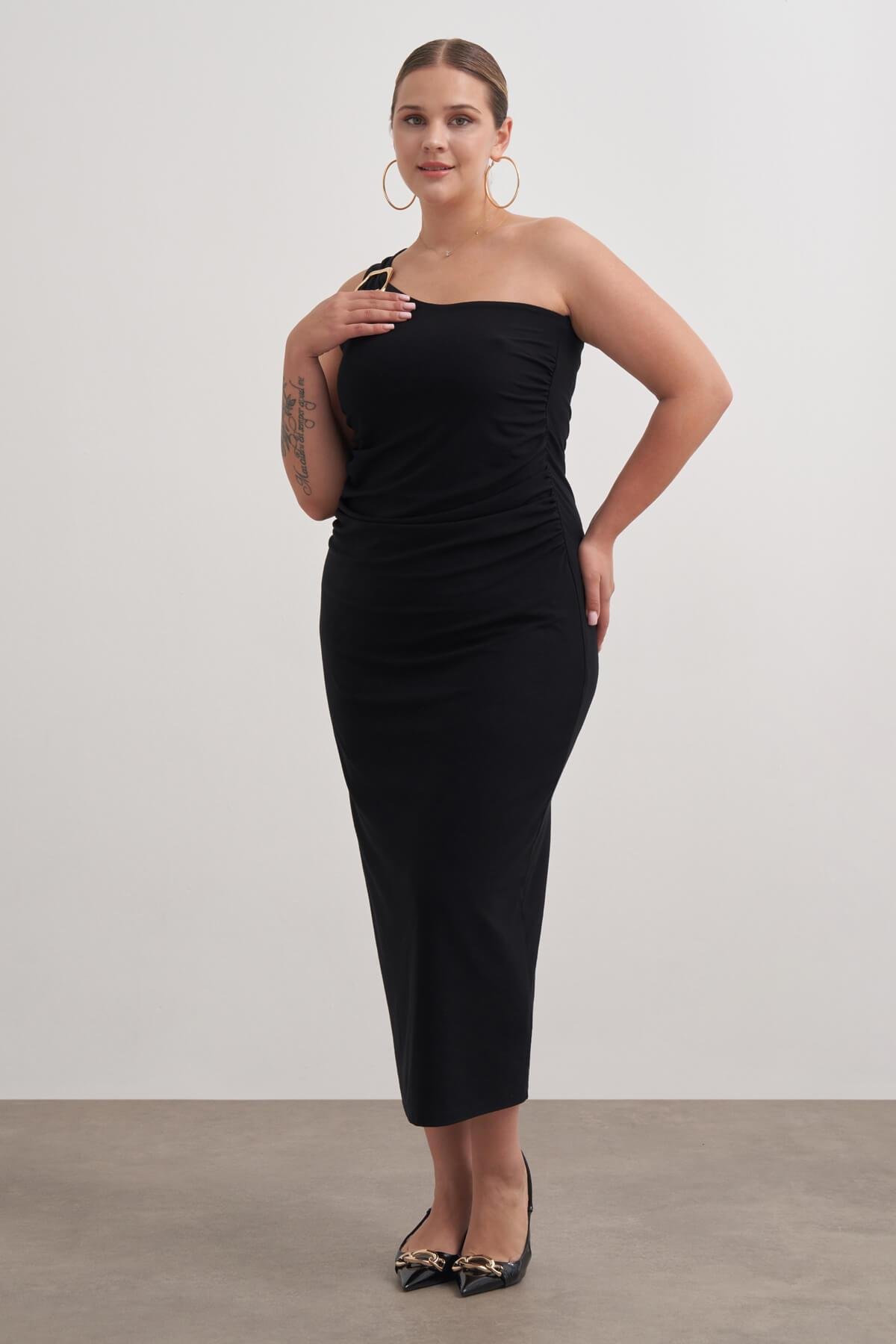 Myline-Metal Toka Detaylı Tek Omuz Elbise-Büyük Beden Günlük Elbiseler-149551