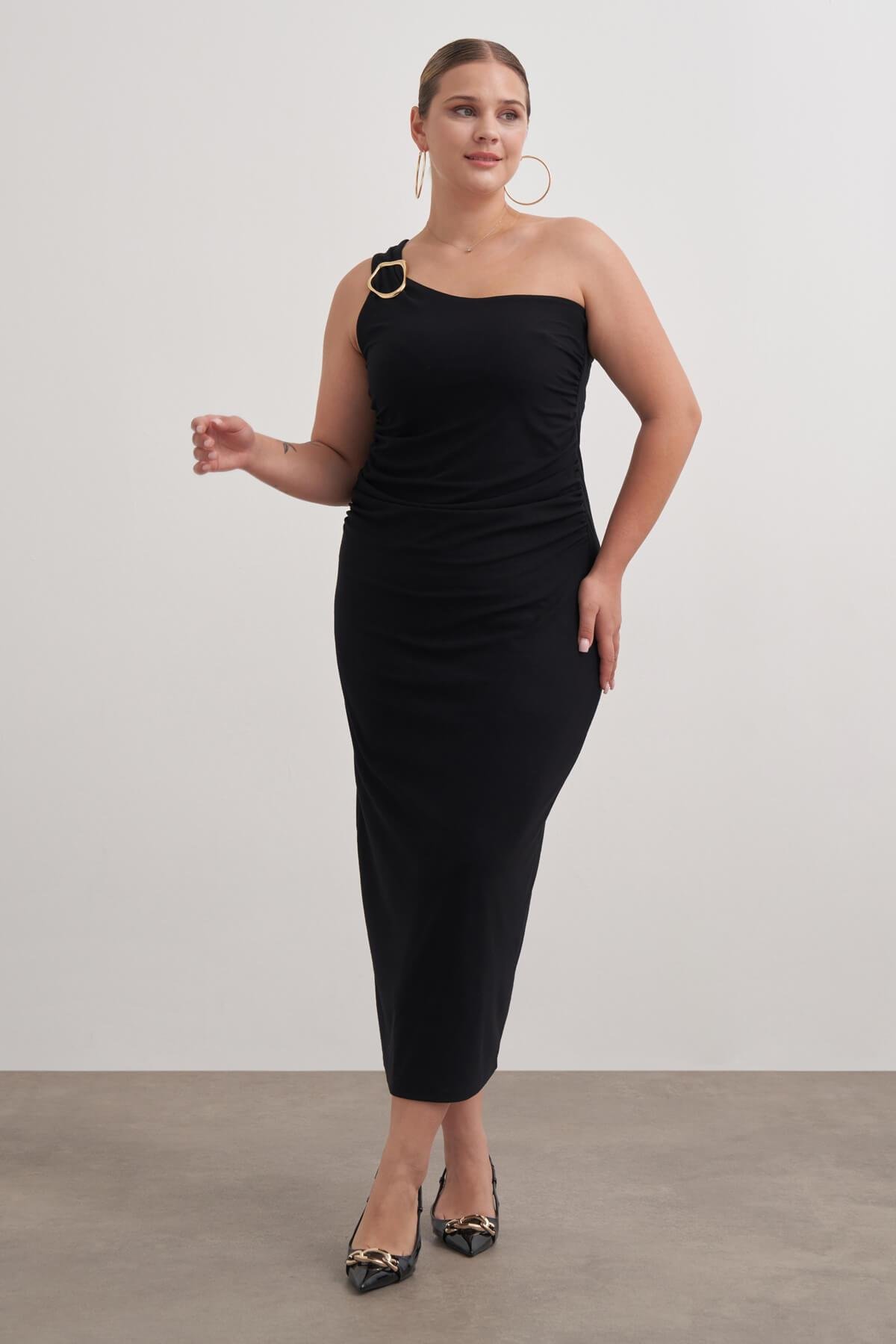 Myline-Metal Toka Detaylı Tek Omuz Elbise-Büyük Beden Günlük Elbiseler-149551