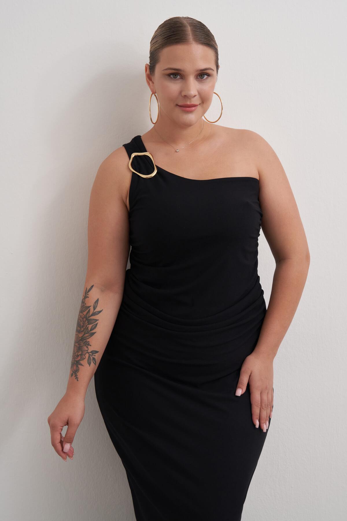 Myline-Metal Toka Detaylı Tek Omuz Elbise-Büyük Beden Günlük Elbiseler-149551