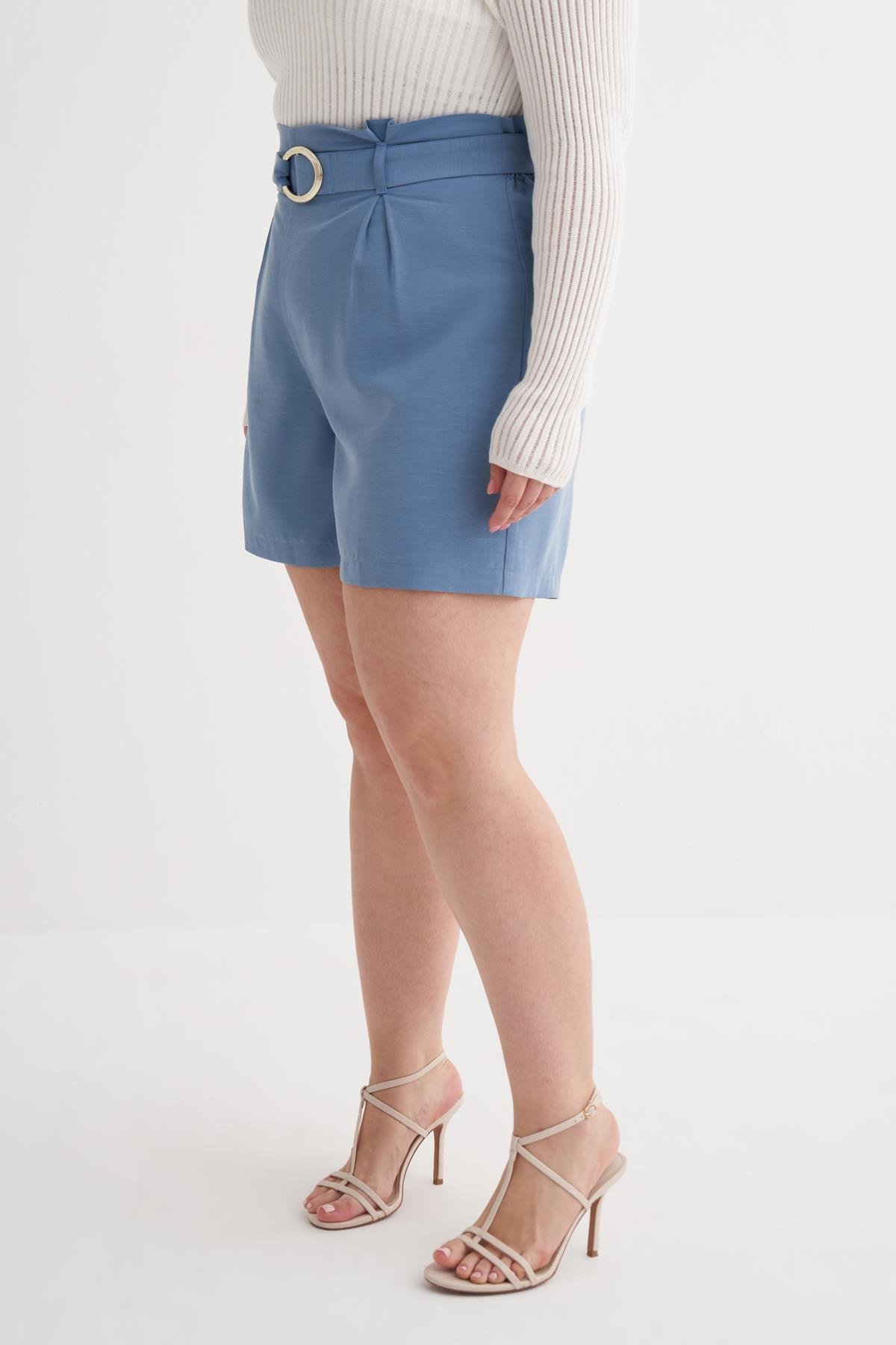 Myline-Metal Tokalı Pileli Şort-Büyük Beden Şort-149985