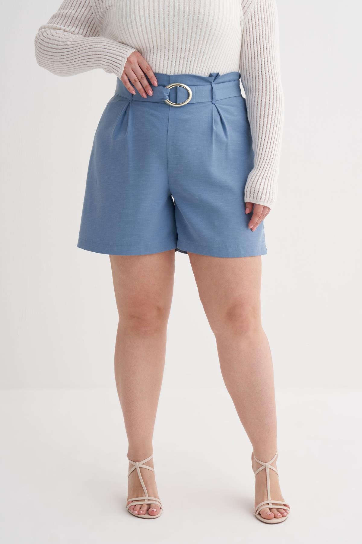 Myline-Metal Tokalı Pileli Şort-Büyük Beden Şort-149985