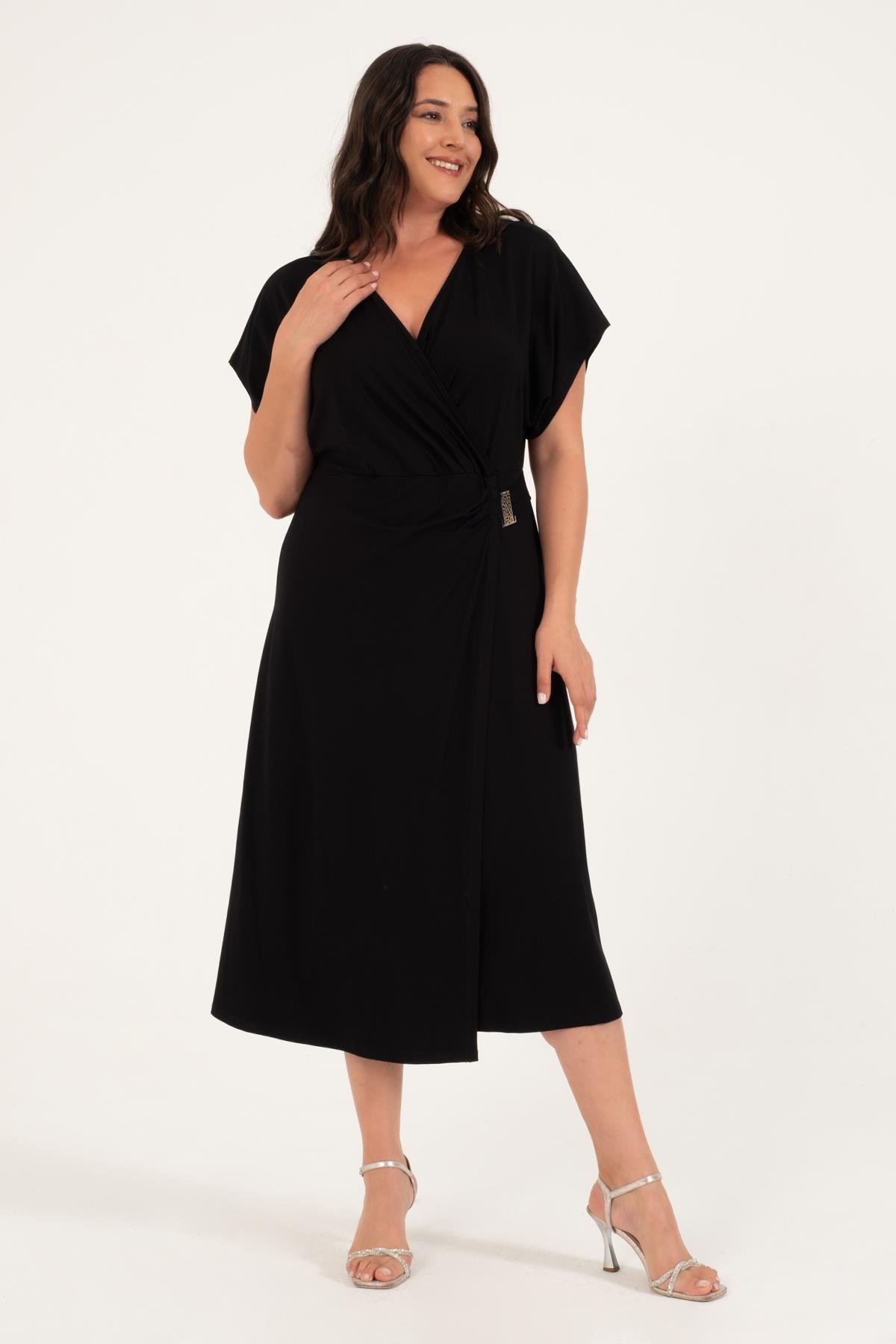 Myline-Metalik Detaylı Anvelop Elbise-Büyük Beden Günlük Elbiseler-128654