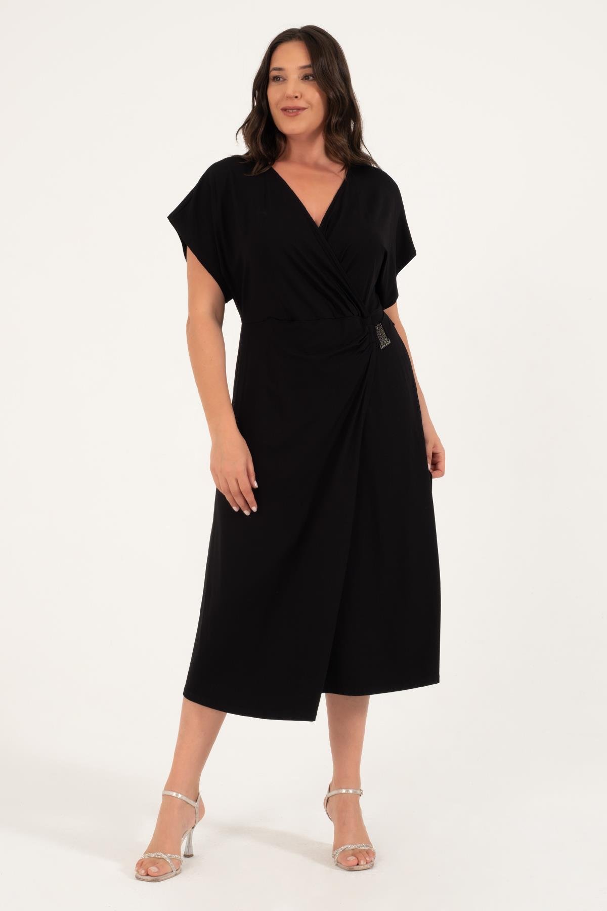 Myline-Metalik Detaylı Anvelop Elbise-Büyük Beden Günlük Elbiseler-128654