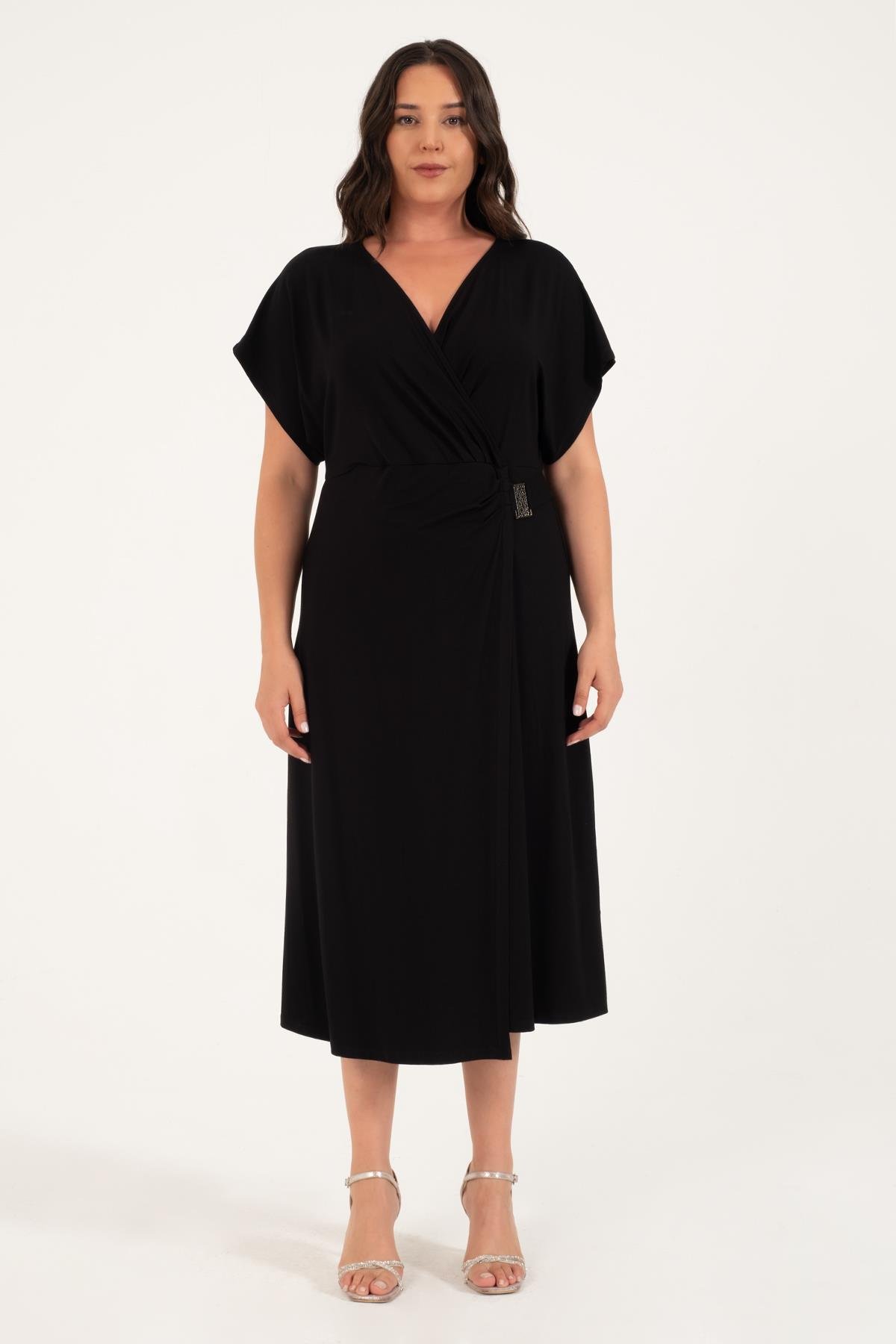 Myline-Metalik Detaylı Anvelop Elbise-Büyük Beden Günlük Elbiseler-128654