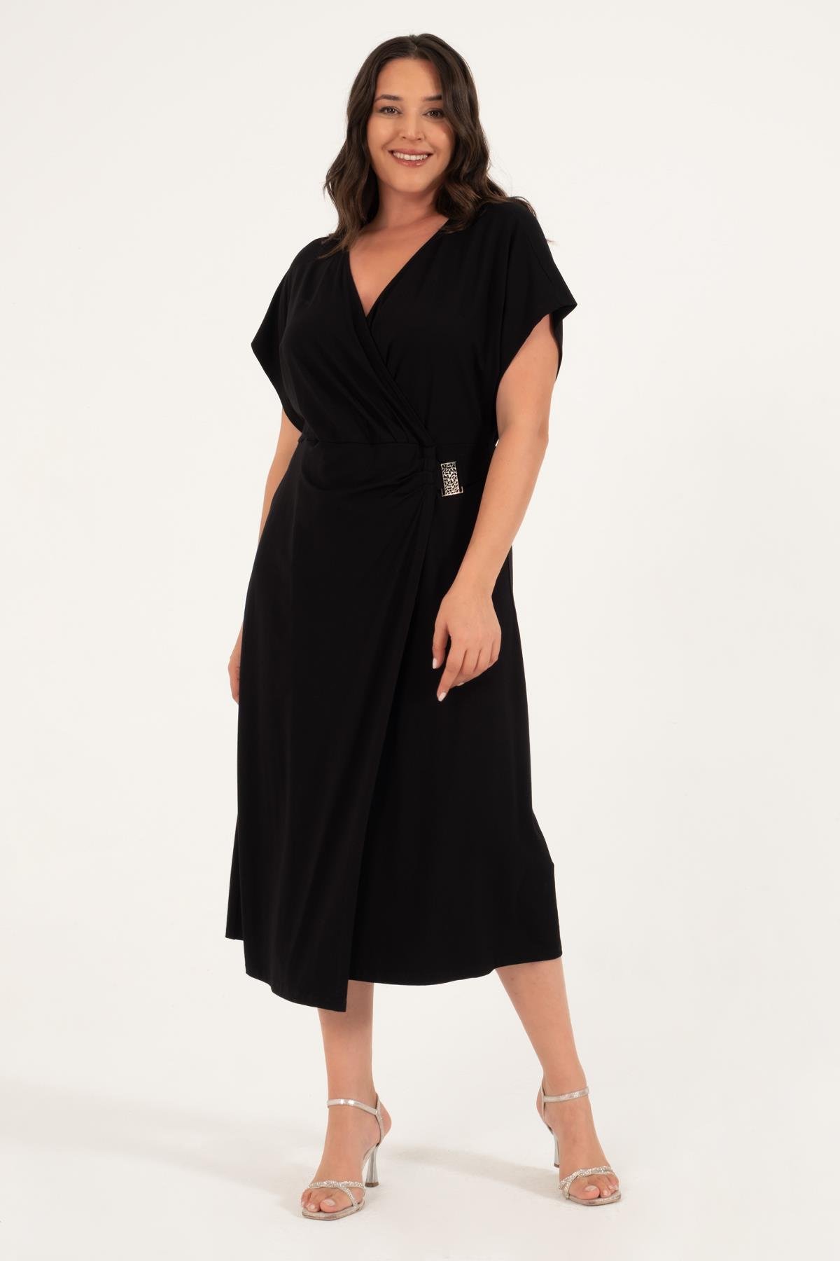 Myline-Metalik Detaylı Anvelop Elbise-Büyük Beden Günlük Elbiseler-128654