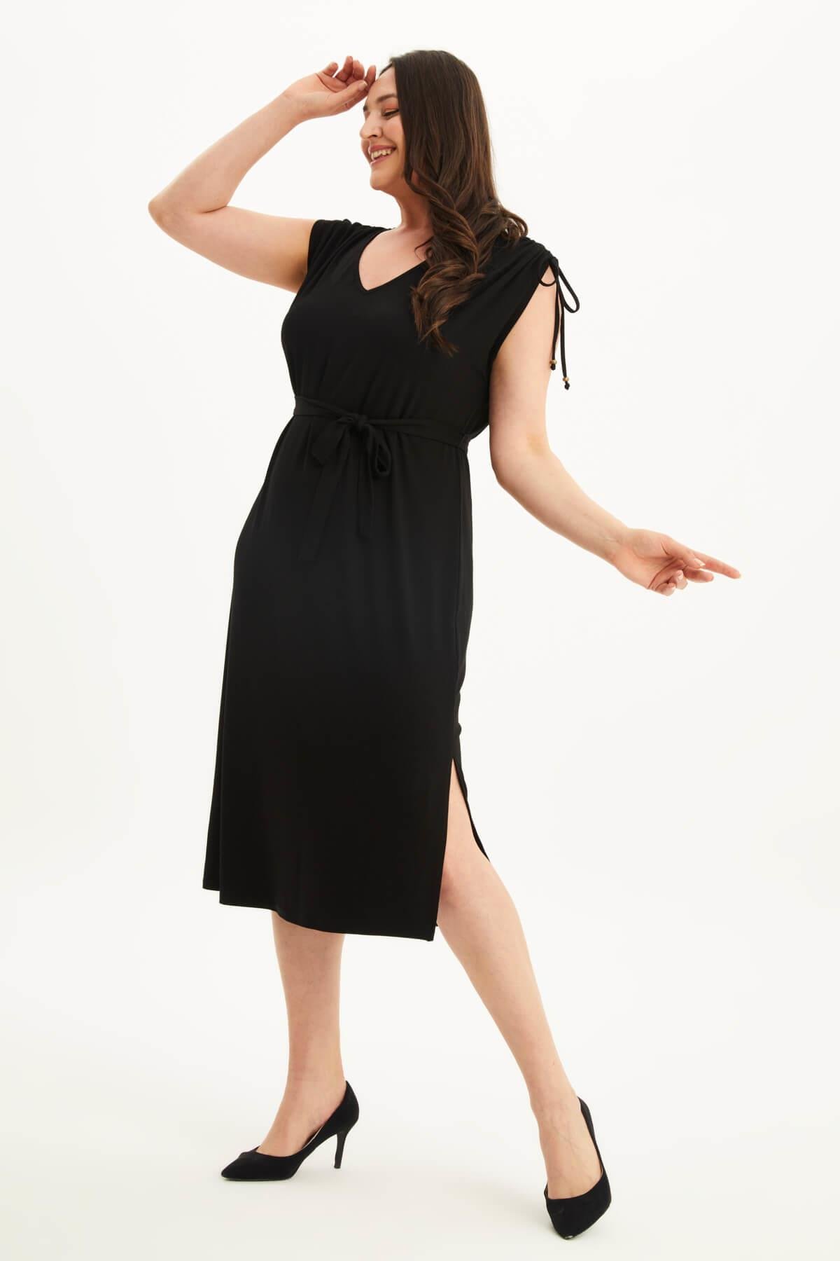 Myline-Omuz Büzgü Detaylı Penye  Elbise-Büyük Beden Günlük Elbiseler-118479