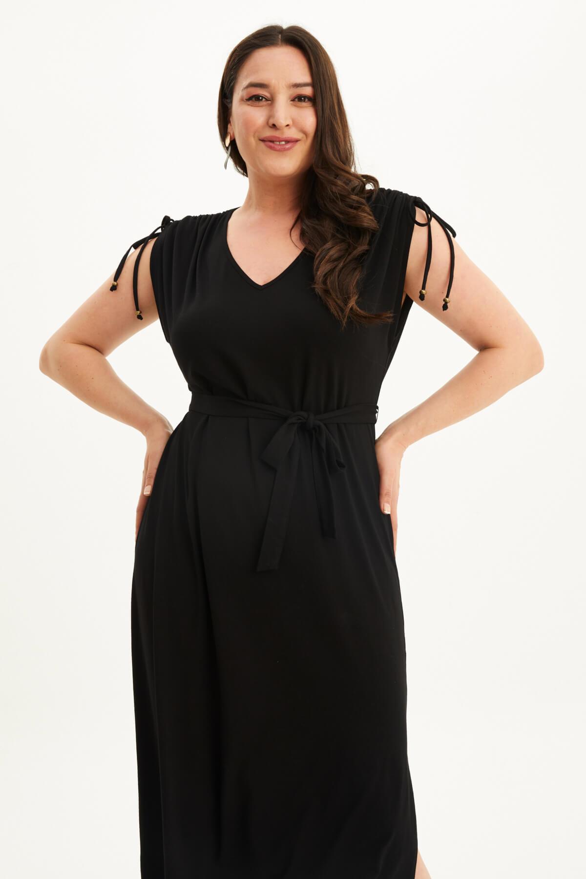 Myline-Omuz Büzgü Detaylı Penye  Elbise-Büyük Beden Günlük Elbiseler-118479