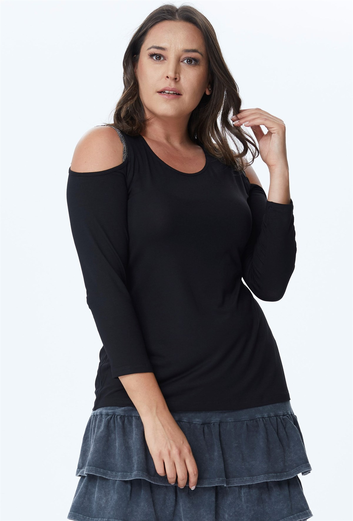 Myline-Omuzda Zincir Detaylı Uzun Kollu Bluz-Büyük Beden Bluz-23727