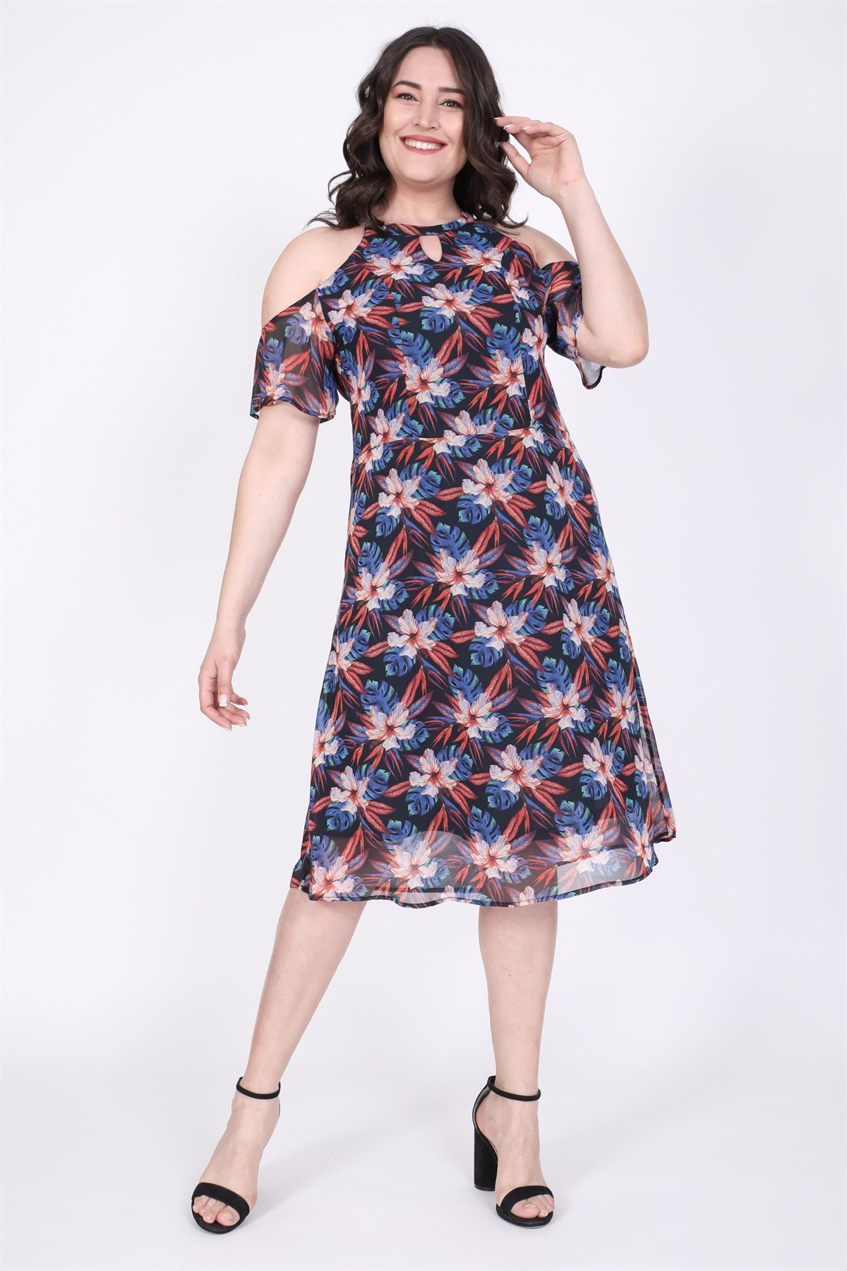 Myline-Omuzları Açık Astarlı Şifon Elbise-Büyük Beden Günlük Elbiseler-45419