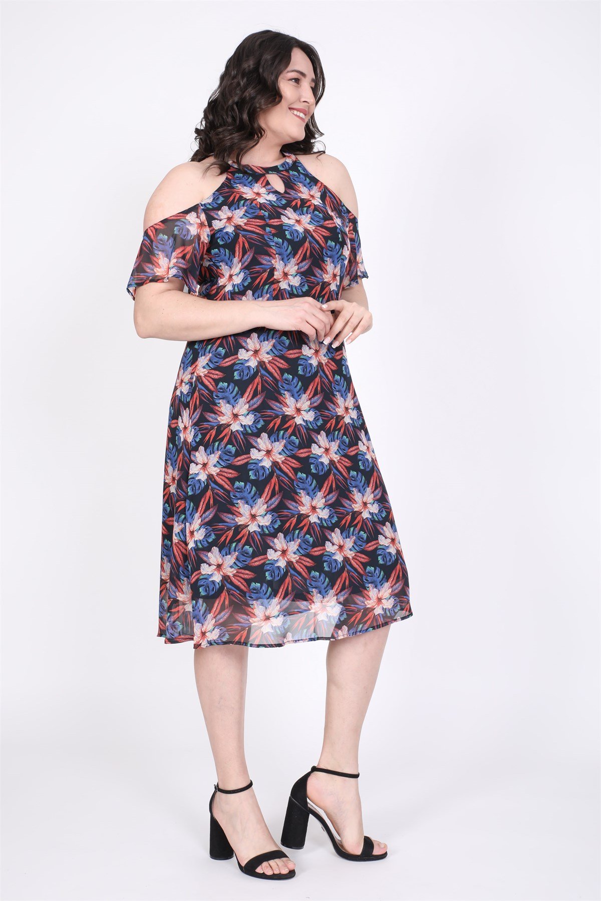 Myline-Omuzları Açık Astarlı Şifon Elbise-Büyük Beden Günlük Elbiseler-45419