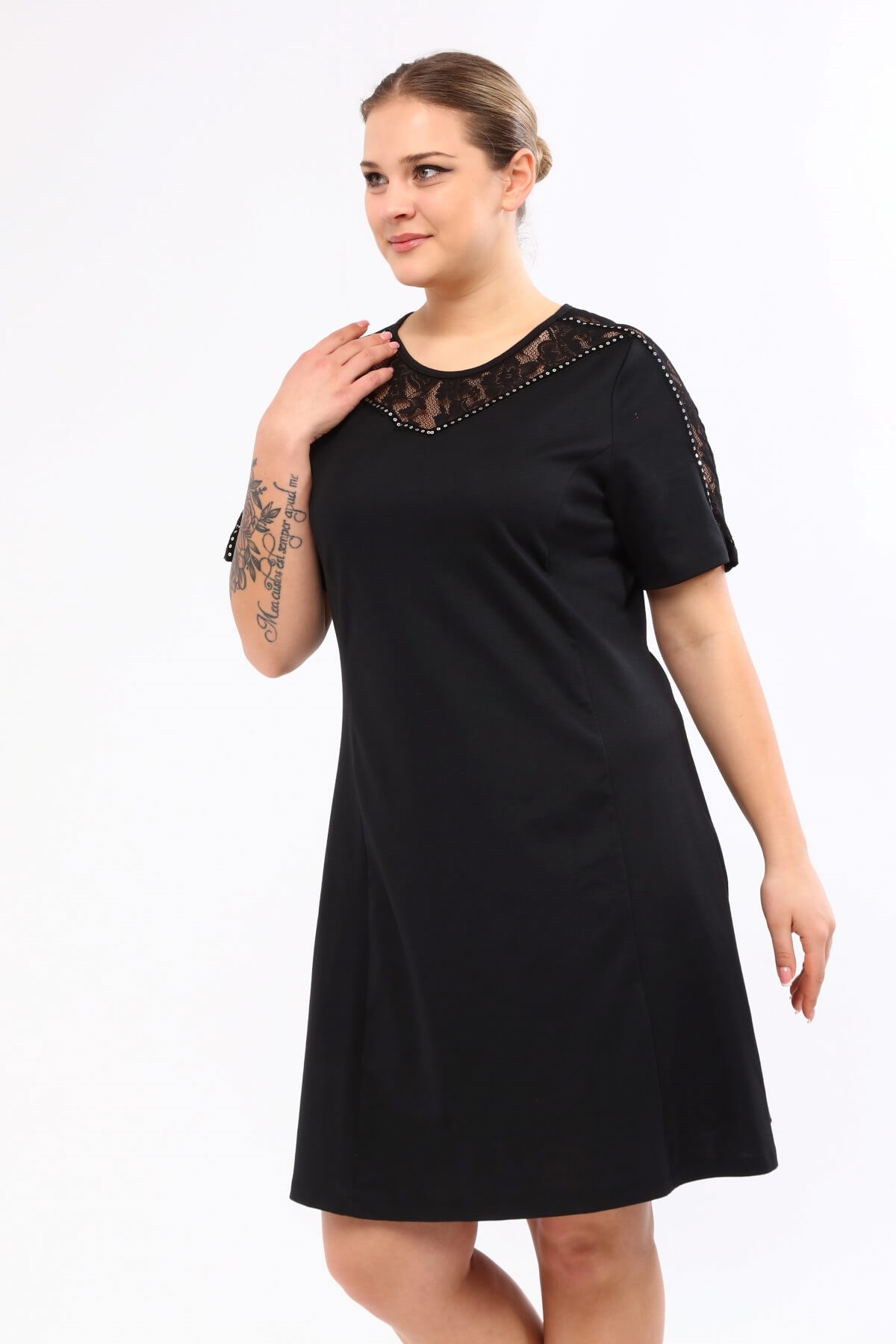 Myline-Omuzları Dantel ve Şerit Detaylı Elbise-Büyük Beden Günlük Elbiseler-45778