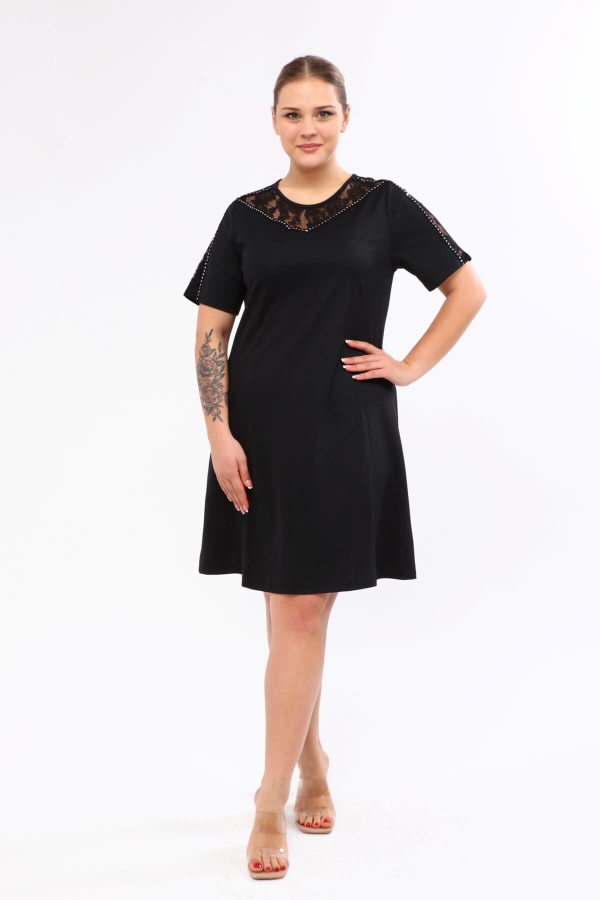 Myline-Omuzları Dantel ve Şerit Detaylı Elbise-Büyük Beden Günlük Elbiseler-45778