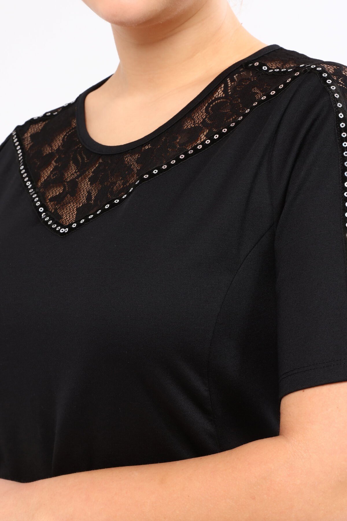 Myline-Omuzları Dantel ve Şerit Detaylı Elbise-Büyük Beden Günlük Elbiseler-45778