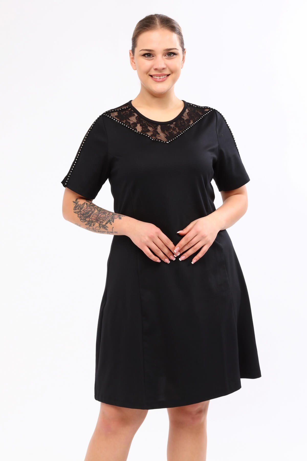 Myline-Omuzları Dantel ve Şerit Detaylı Elbise-Büyük Beden Günlük Elbiseler-45778