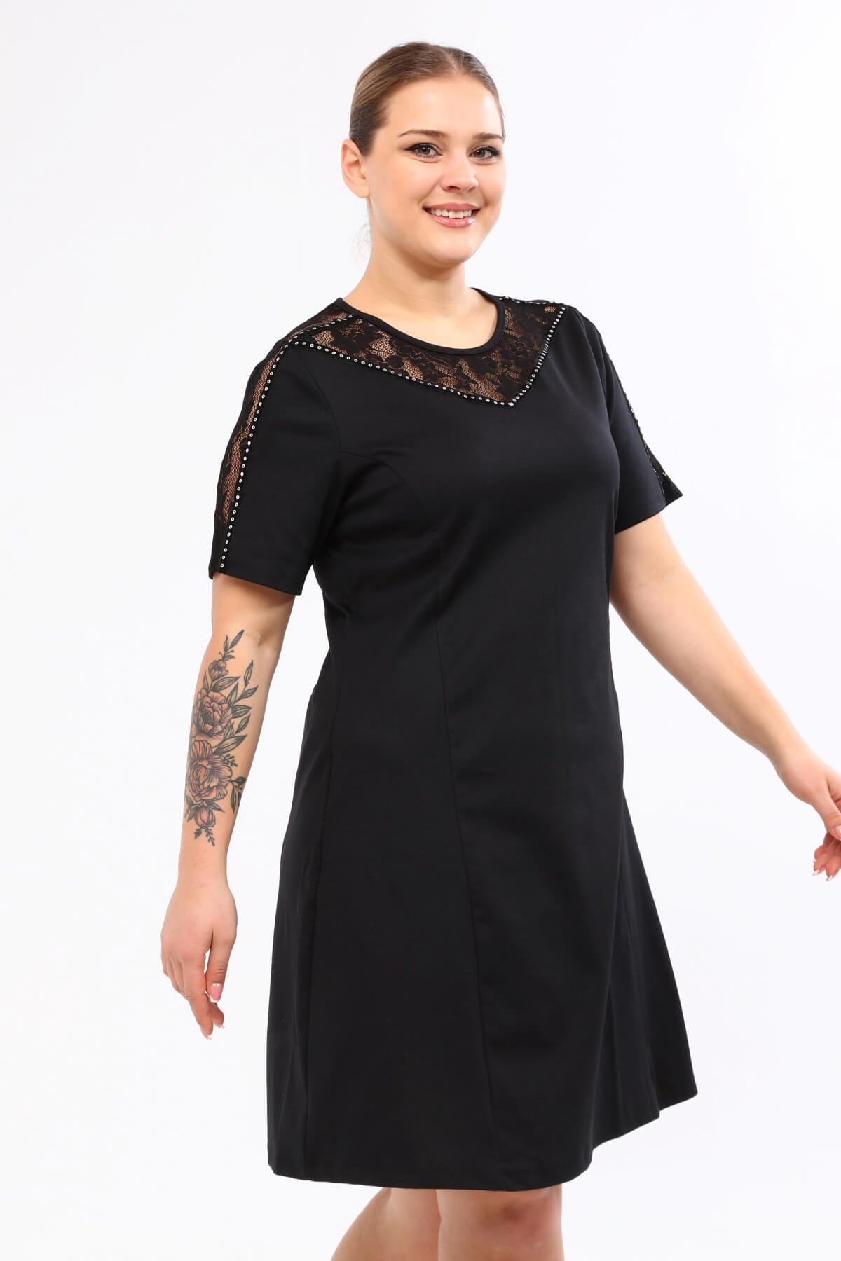 Myline-Omuzları Dantel ve Şerit Detaylı Elbise-Büyük Beden Günlük Elbiseler-45778