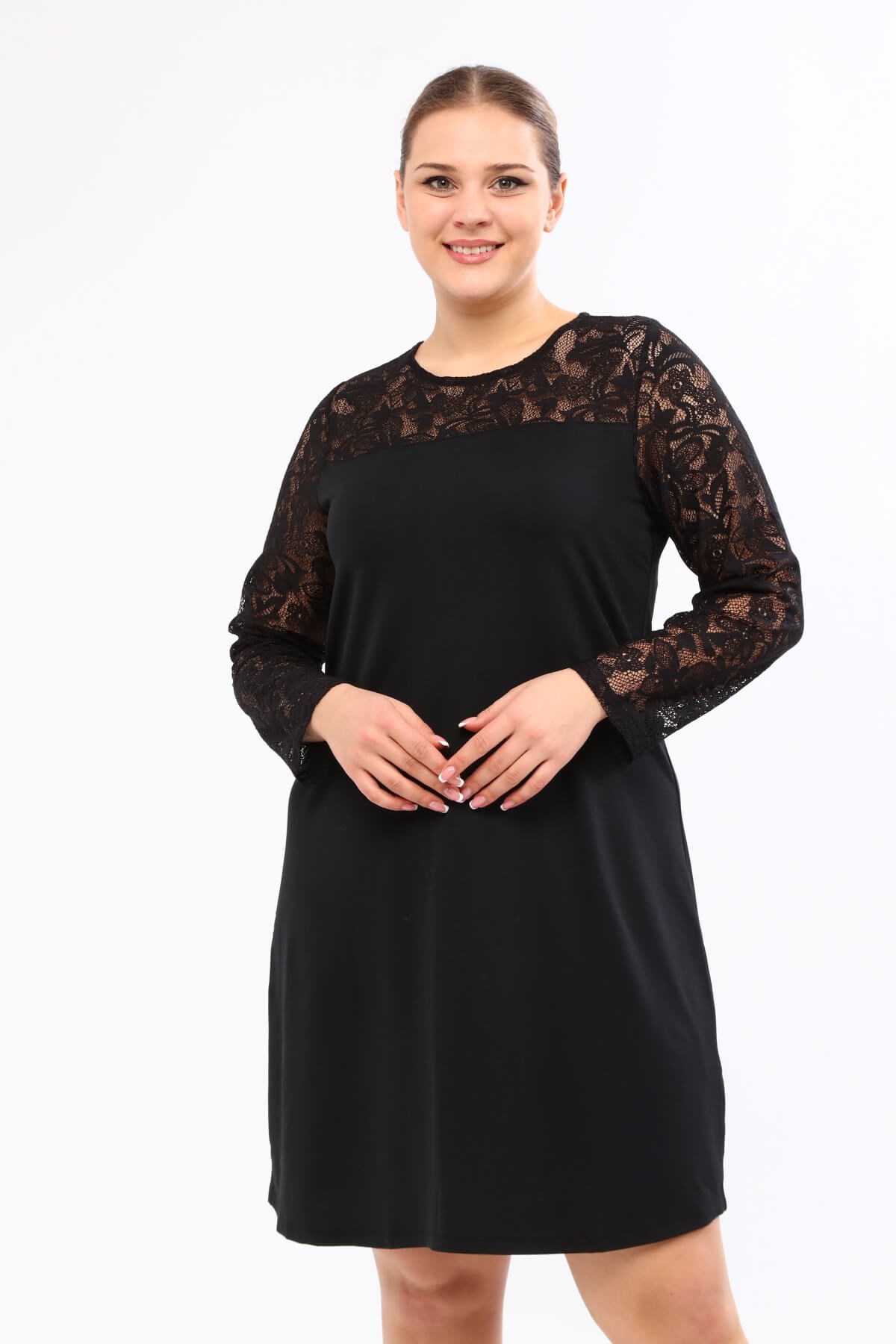 Myline-Omuzu ve Kolları Dantelli Elbise -Büyük Beden Günlük Elbiseler-23635-m