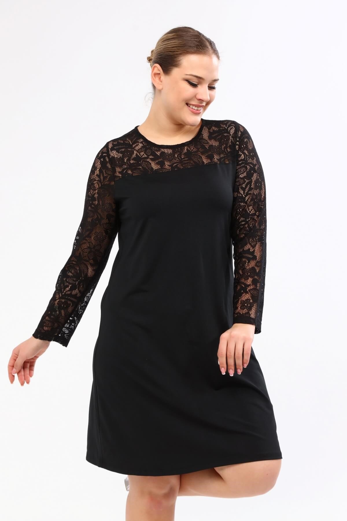 Myline-Omuzu ve Kolları Dantelli Elbise -Büyük Beden Günlük Elbiseler-23635-m