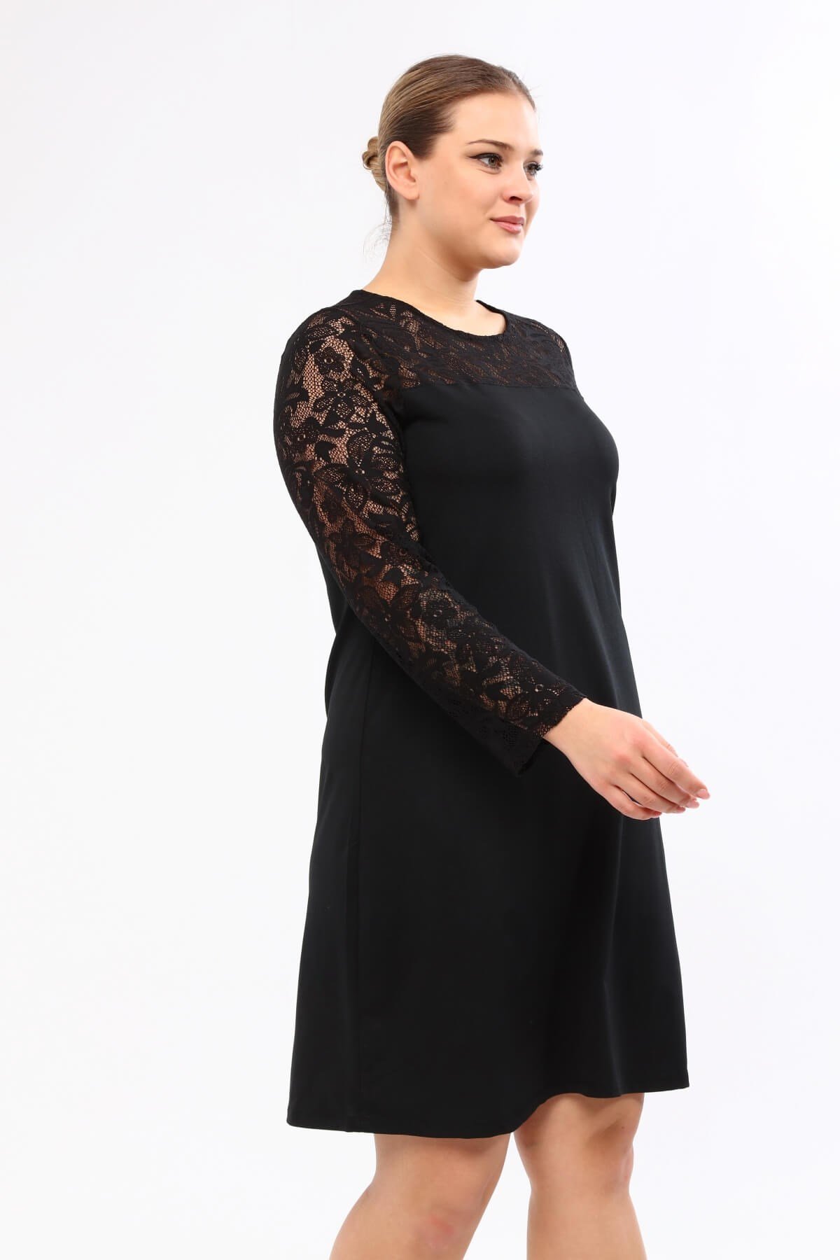 Myline-Omuzu ve Kolları Dantelli Elbise -Büyük Beden Günlük Elbiseler-23635-m