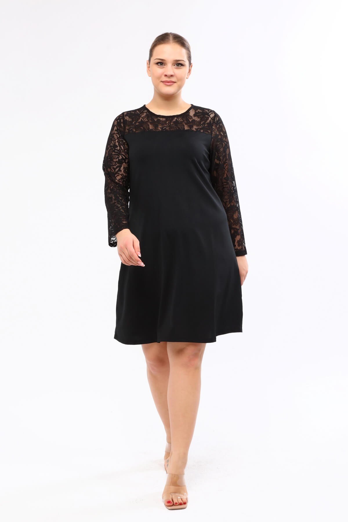 Myline-Omuzu ve Kolları Dantelli Elbise -Büyük Beden Günlük Elbiseler-23635-m