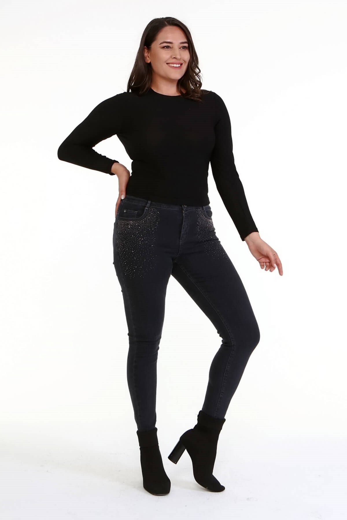 Ön Cep Taş Baskı Denim Pantolon