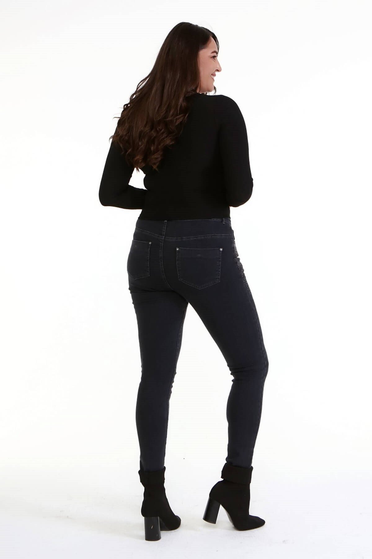 Myline-Ön Cep Taş Baskı Denim Pantolon-Büyük Beden Pantolon-66460