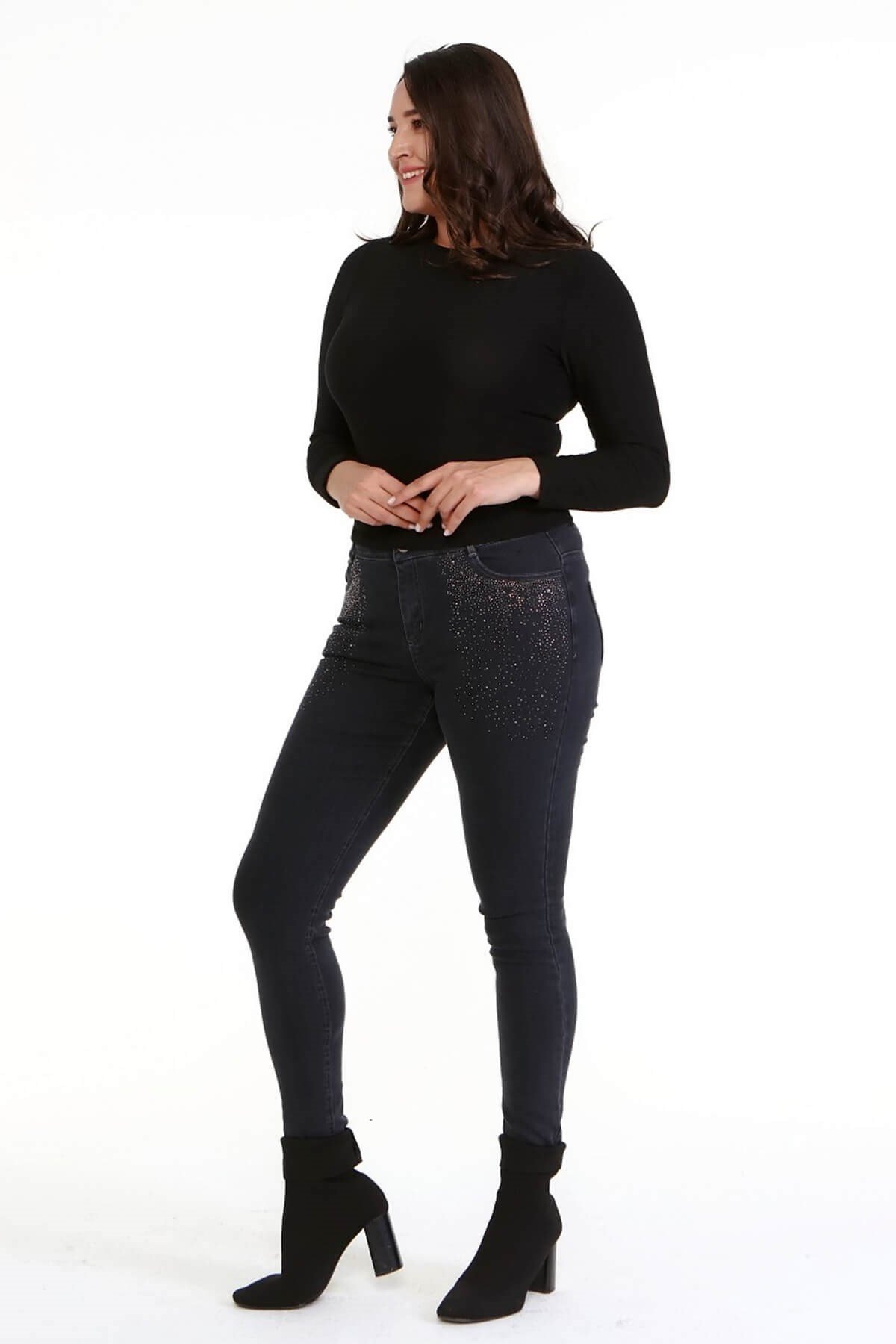 Myline-Ön Cep Taş Baskı Denim Pantolon-Büyük Beden Pantolon-66460