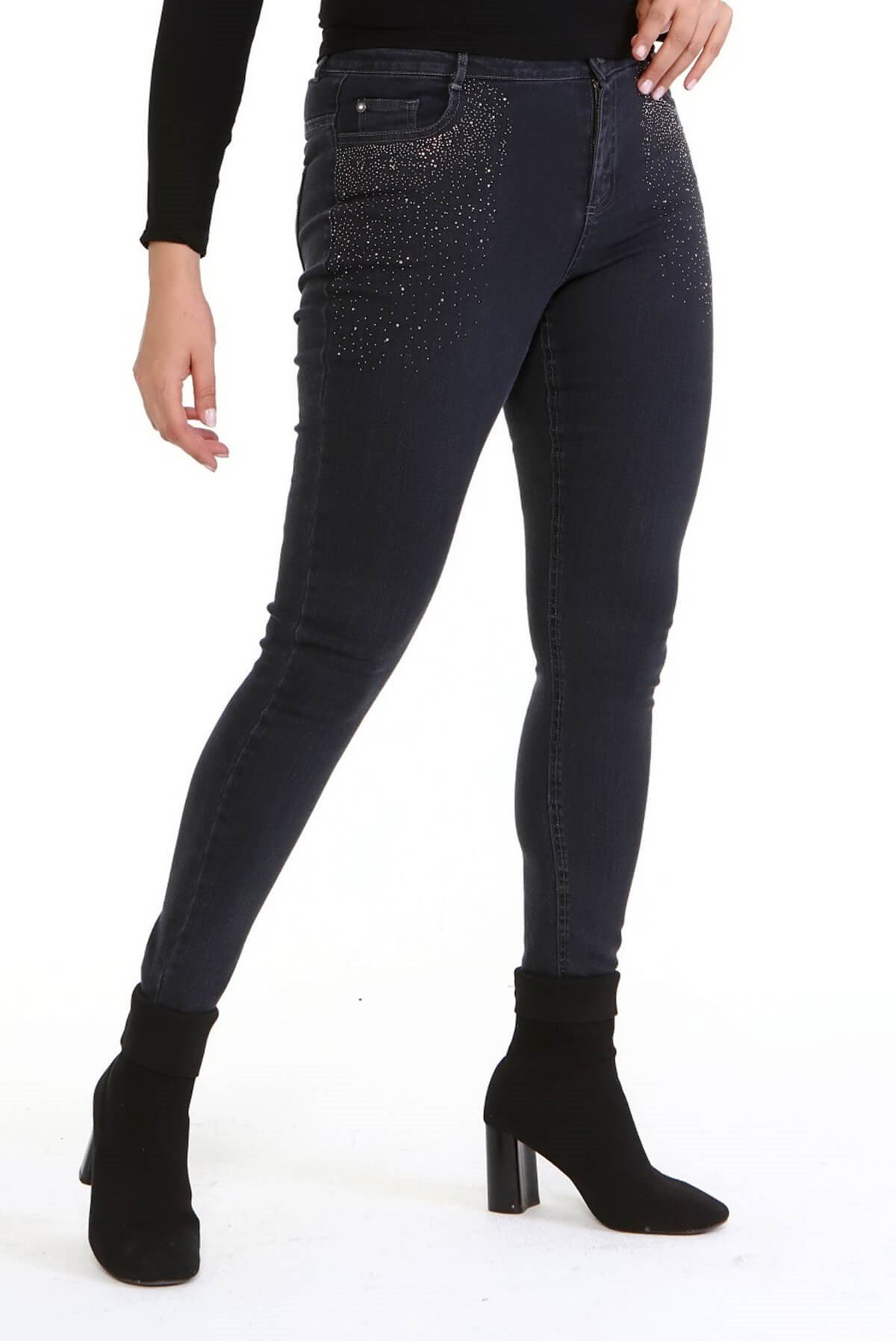 Myline-Ön Cep Taş Baskı Denim Pantolon-Büyük Beden Pantolon-66460