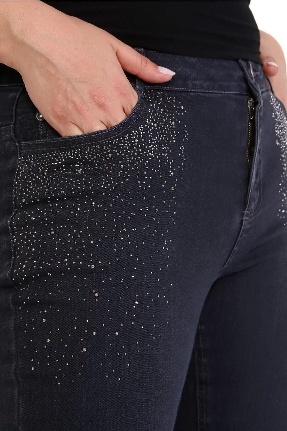 Myline-Ön Cep Taş Baskı Denim Pantolon-Büyük Beden Pantolon-66460