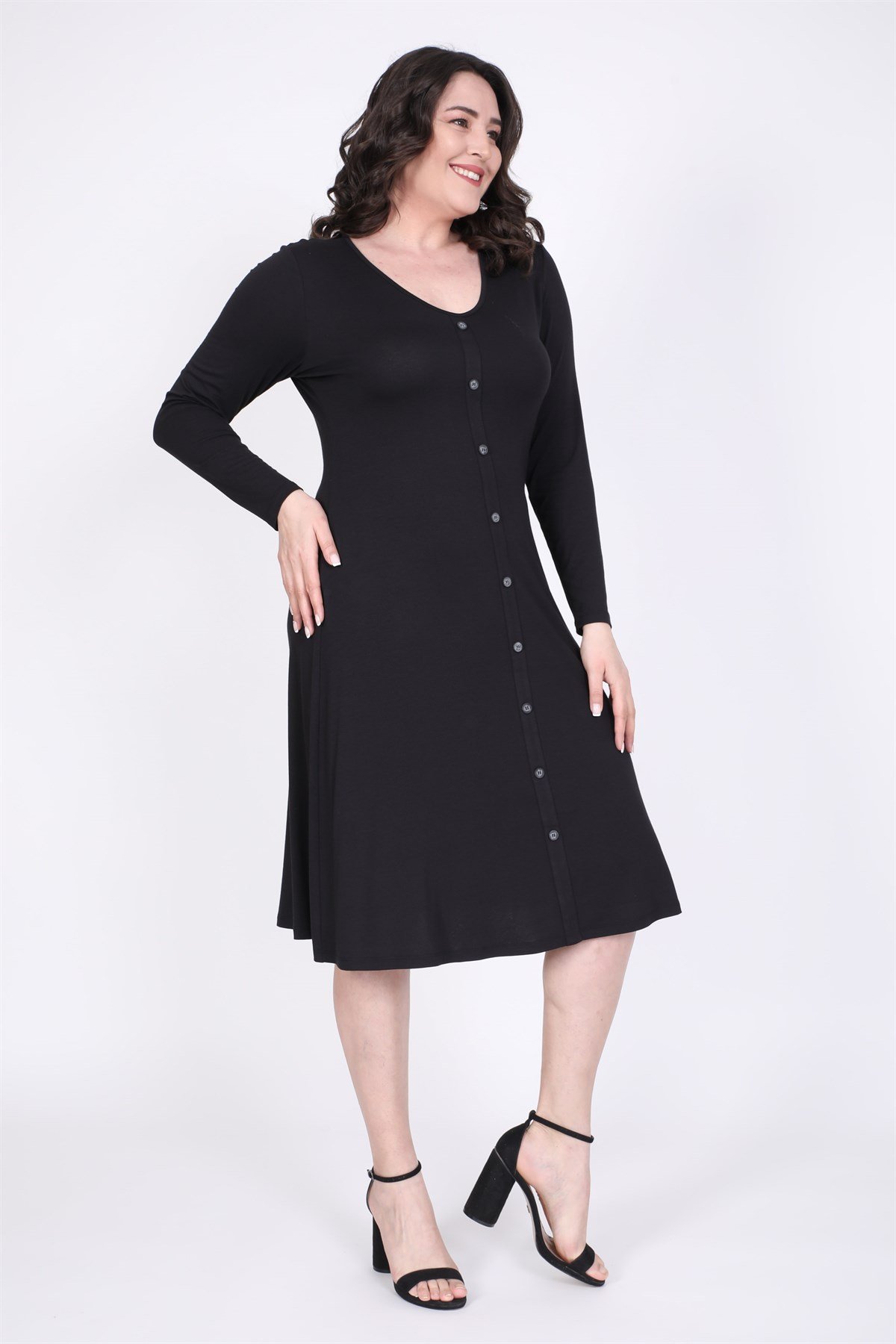 Myline-Önden Düğmeli A Kesim Elbise-Büyük Beden Günlük Elbiseler-35264