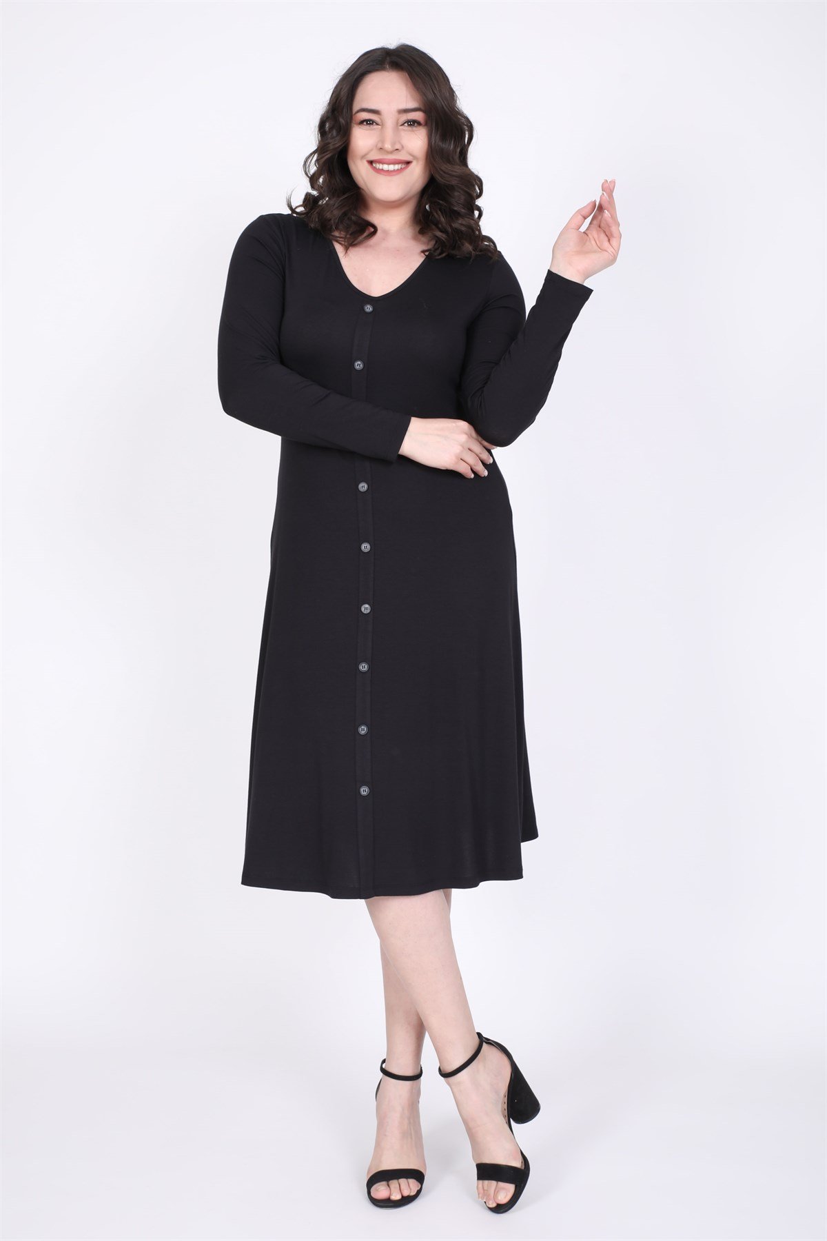 Myline-Önden Düğmeli A Kesim Elbise-Büyük Beden Günlük Elbiseler-35264